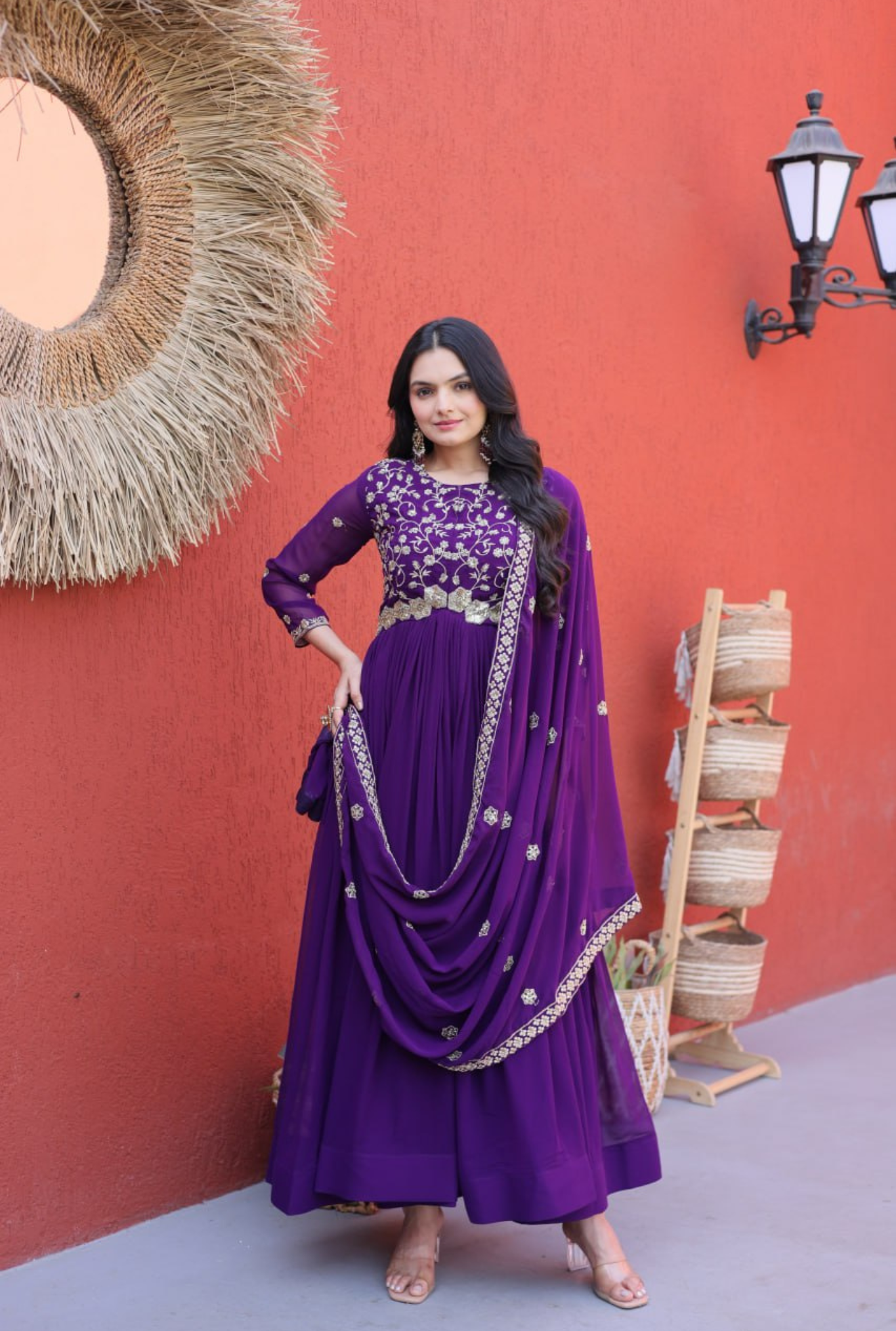 Women Embroidered Faux Blooming Anarkali Gown with Dupatta