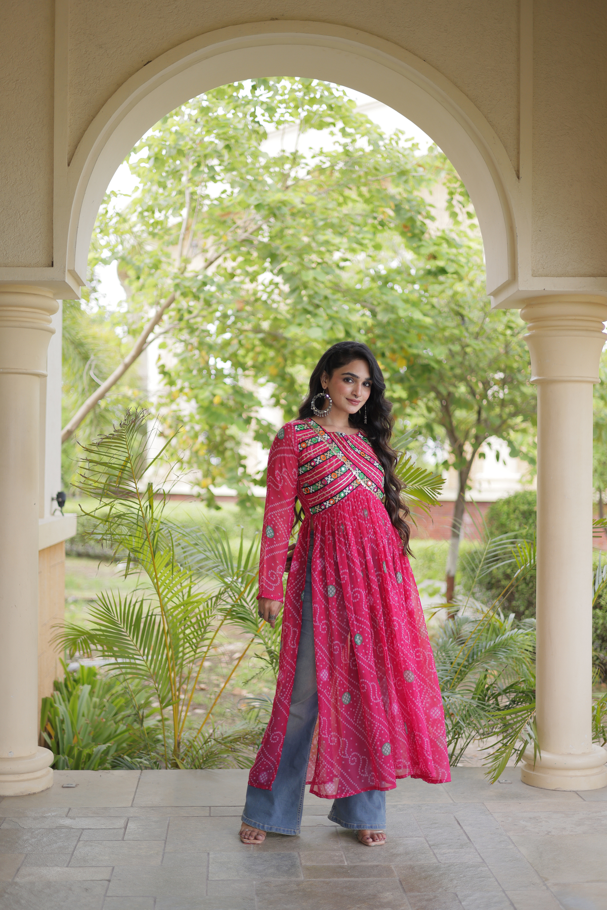 Women’s Long Anarkali Kurti with Ethnic Print & Embroidery