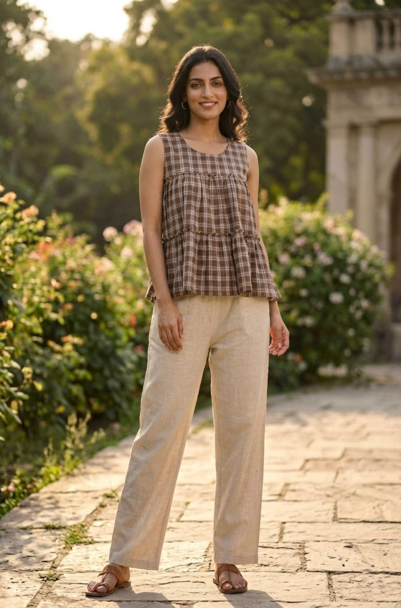 Women Sleeveless Checked Cotton Peplum Top with Straight Pant Co-Ord Set