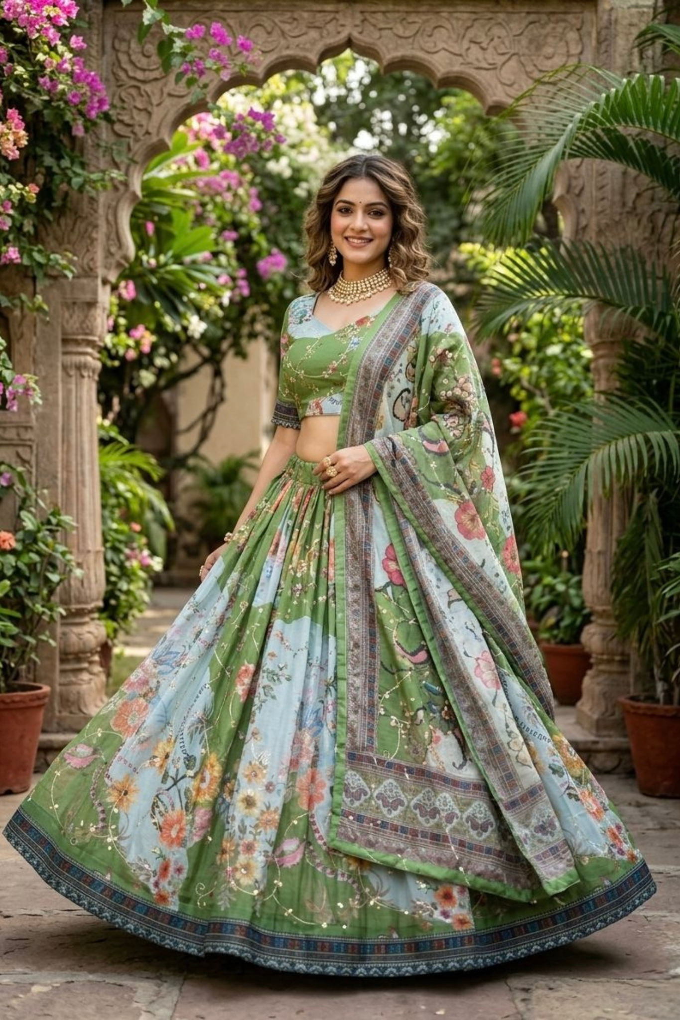 Premium Floral Printed Organza Lehenga Choli with Dupatta