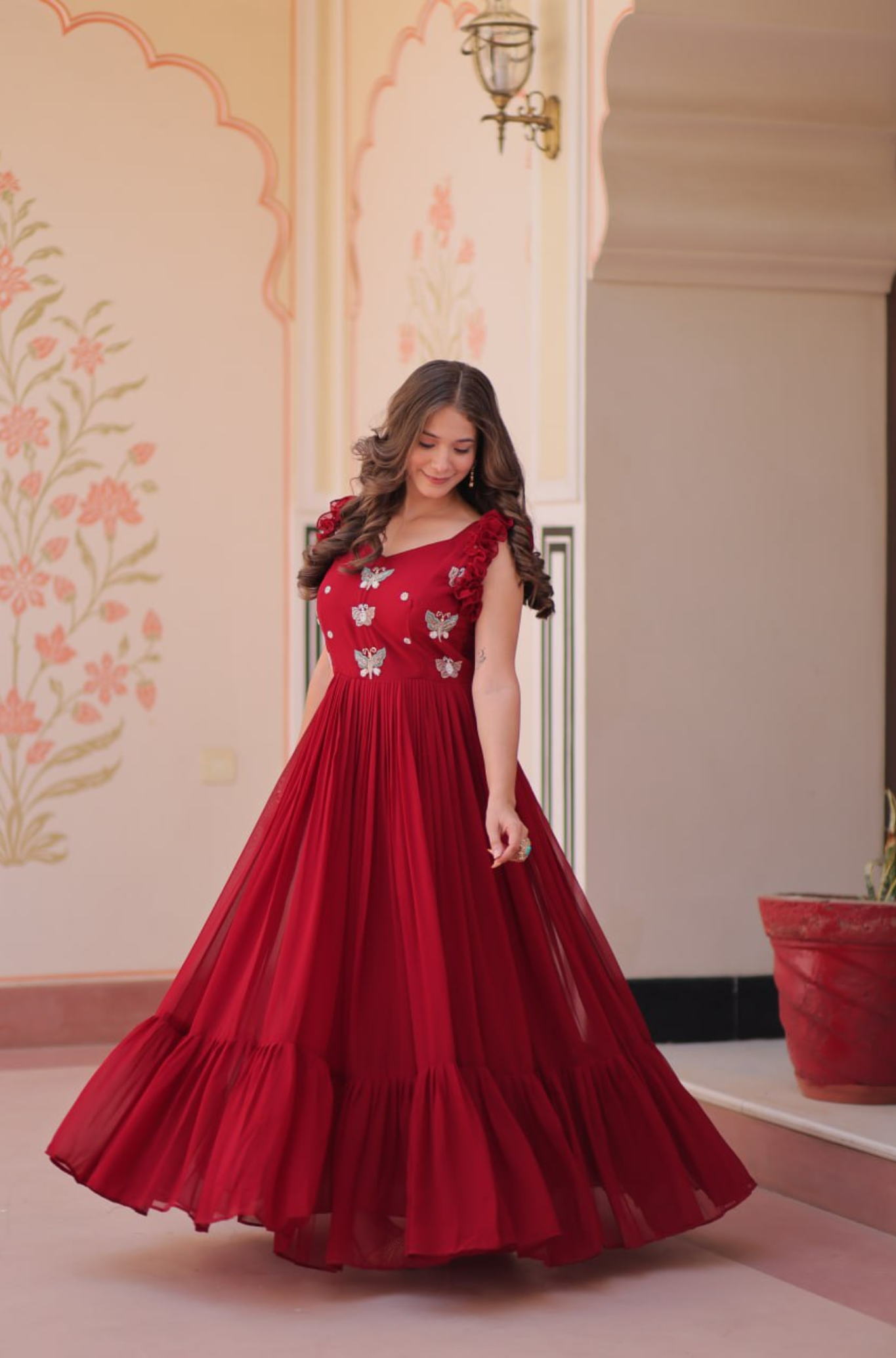 Women’s Elegant Butterfly Embroidered Anarkali Gown Dress