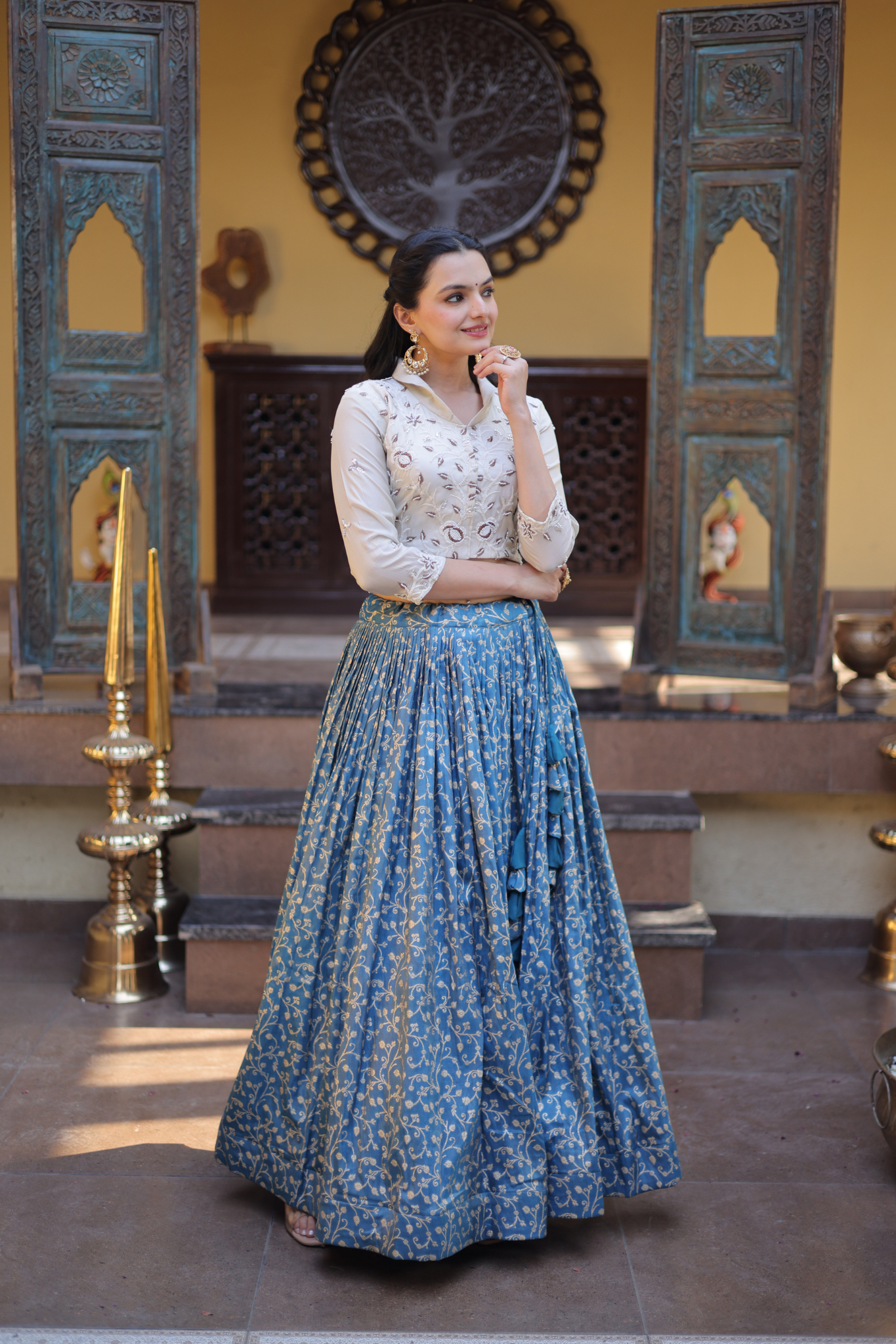 Women's Designer Embroidered Crop Top with Printed Flared Lehenga Set for Wedding & Festive Wear