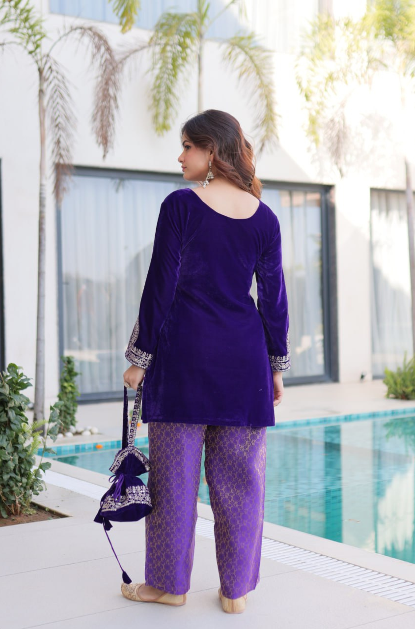 Designer Velvet Kurti Palazzo Set with Potli Bag for Women
