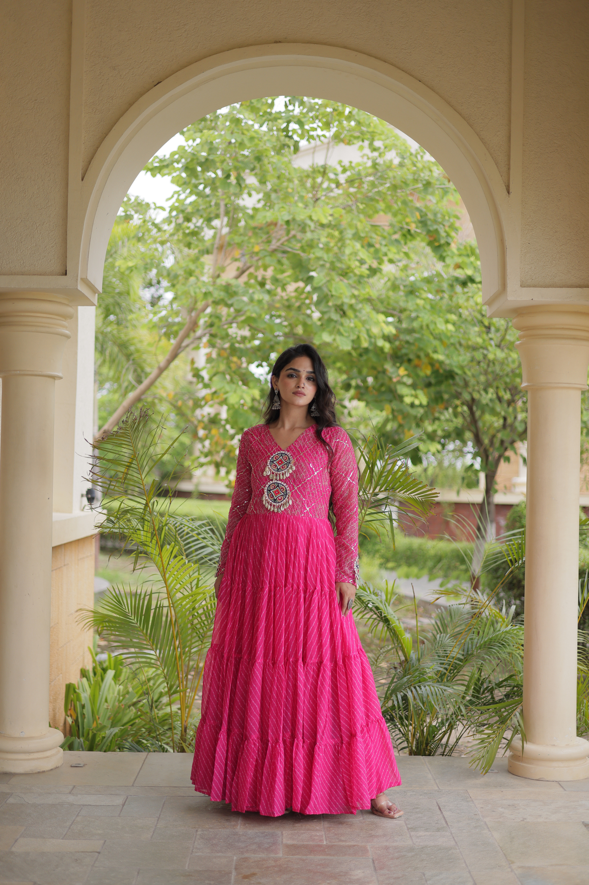 Navratri Special Bandhani Anarkali Gown with Mirror Work & Traditional Embroidered Yoke