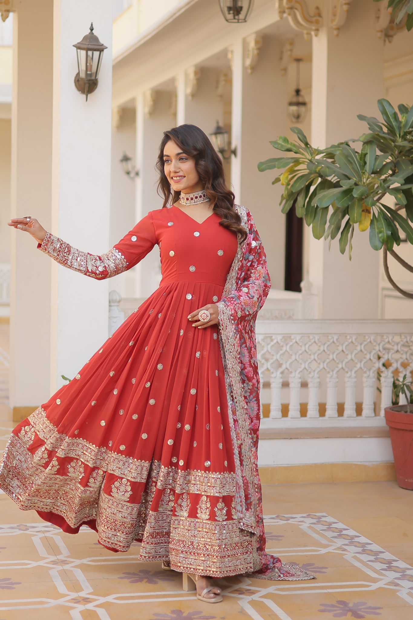 Women's Designer Sequins Embroidered Anarkali Gown with Floral Printed Dupatta