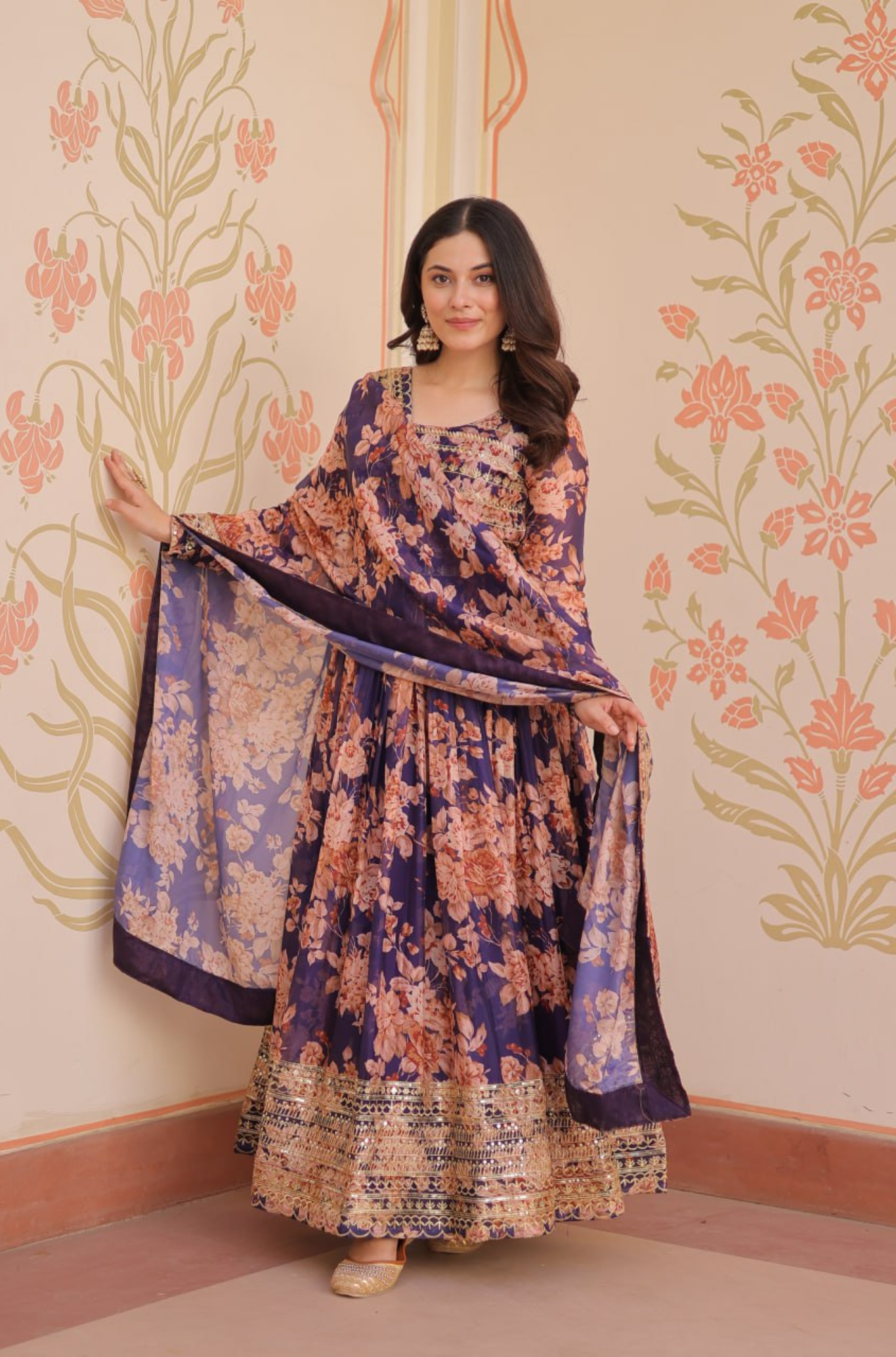 Women's Designer Floral Anarkali Gown Dupatta Set