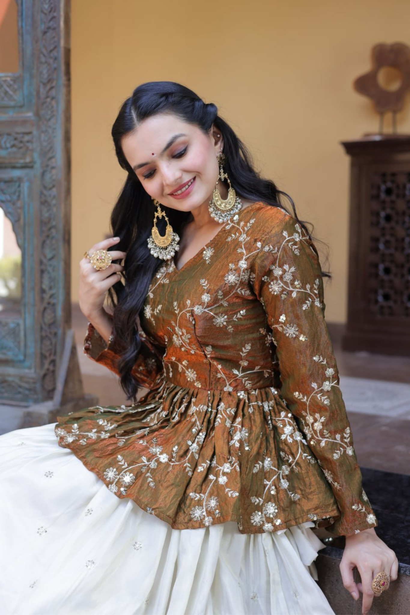 Women's Embroidered Peplum Top with Flared Skirt Set