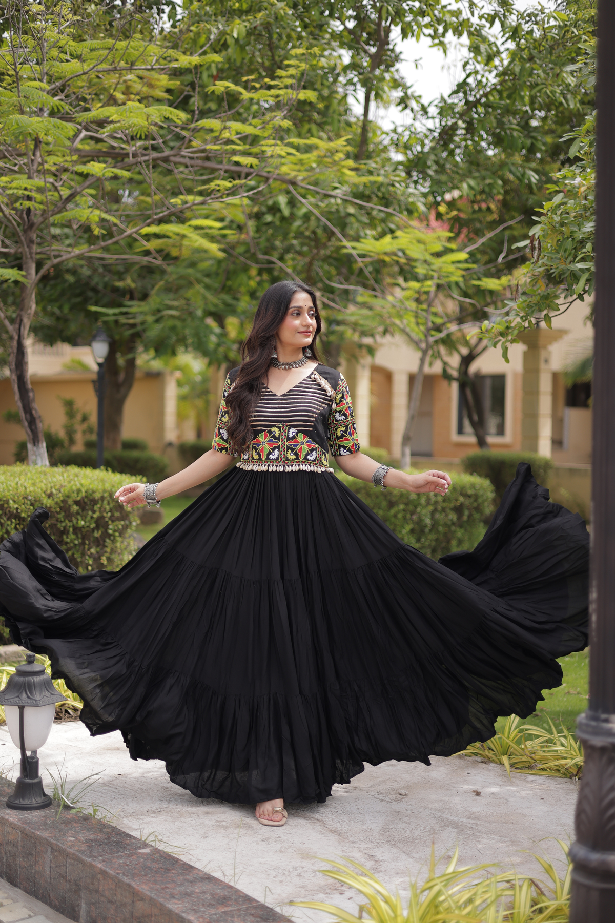 Designer Anarkali Gown with Kutchi Embroidered Yoke & Flared Skirt