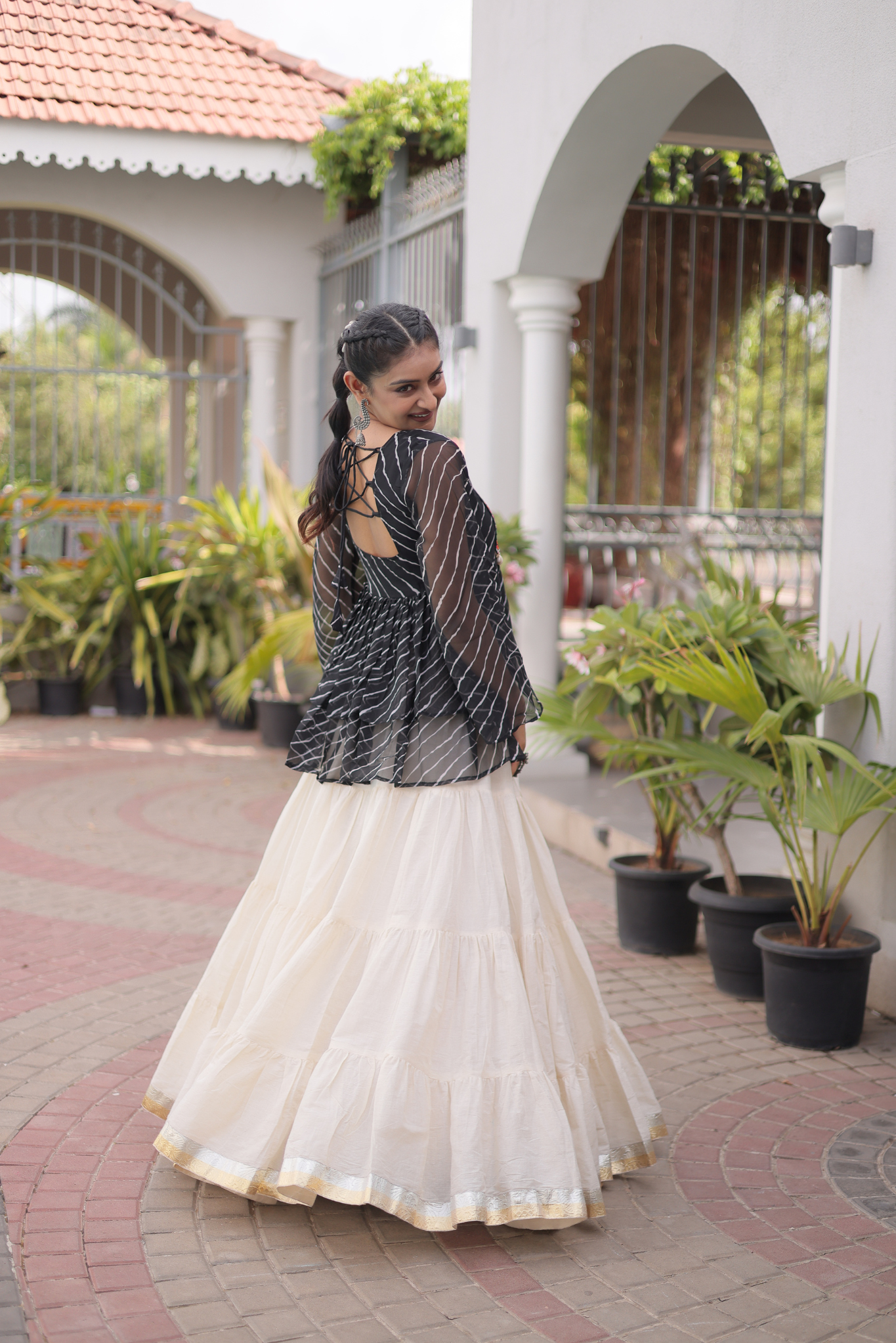 Women's Designer Kutchi Gamthi Peplum Top with Tiered Lehenga Skirt Set