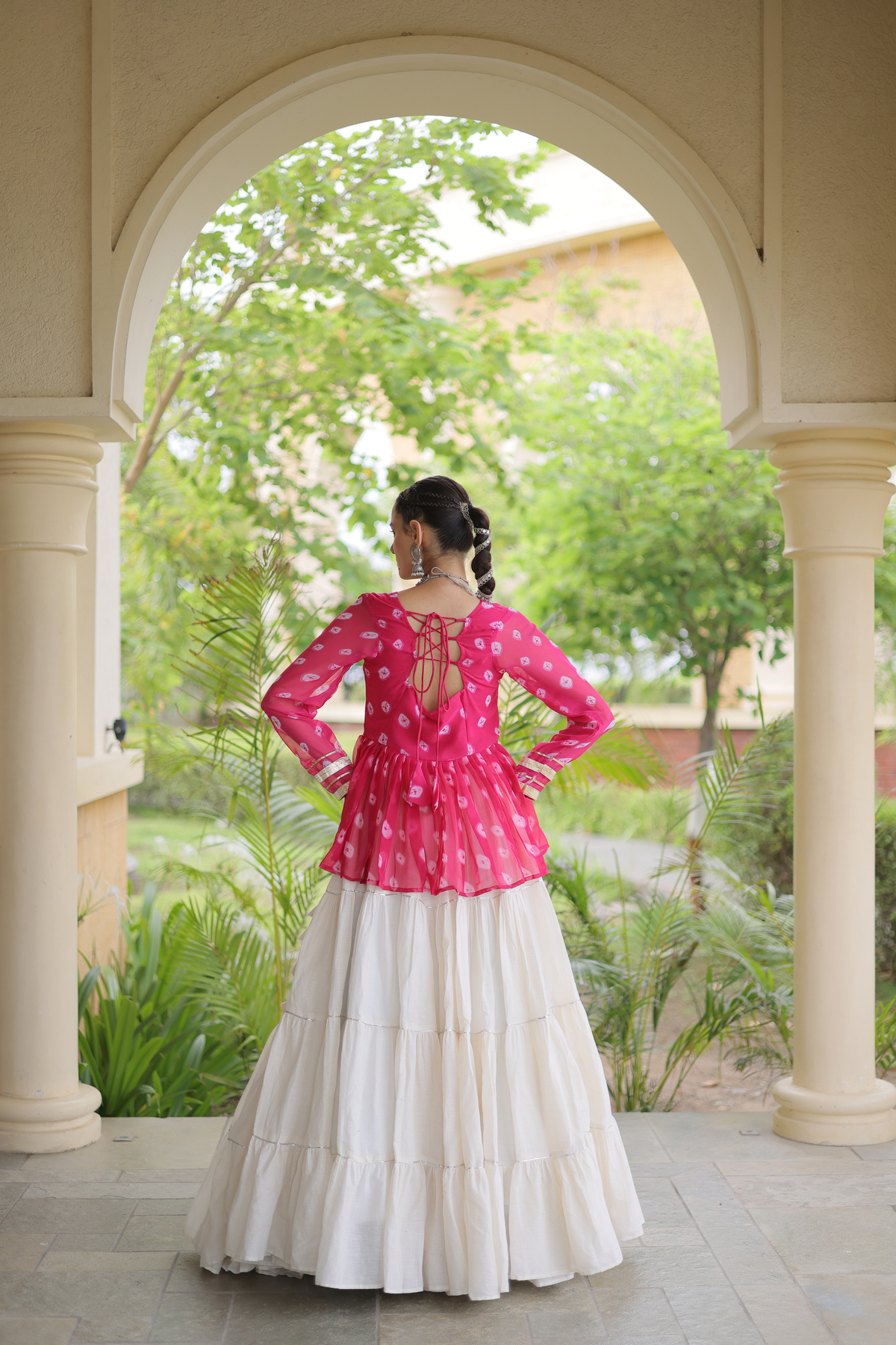 Women’s Designer Black Embroidered Peplum Top with White Flared Lehenga Skirt