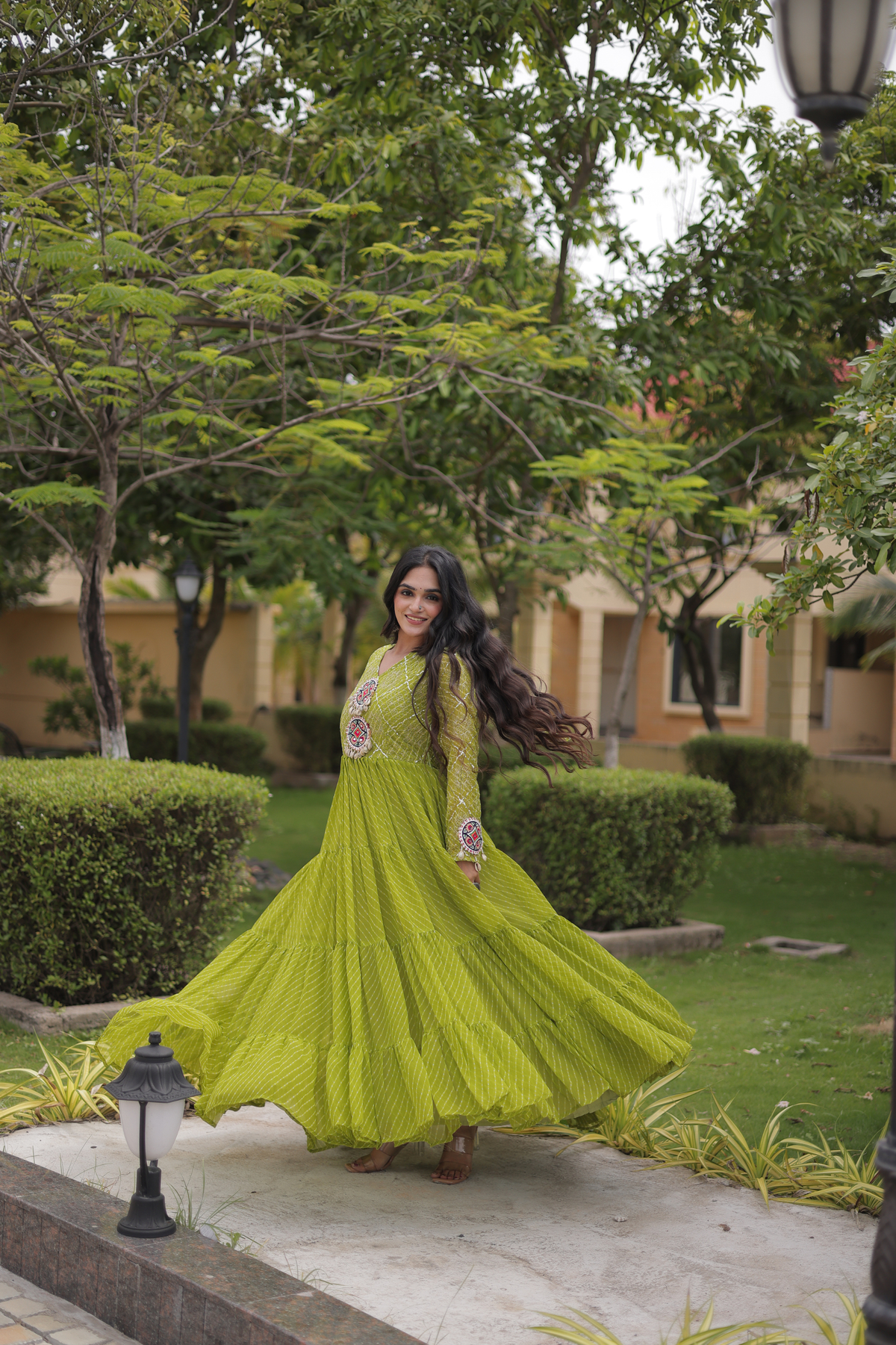 Navratri Special Bandhani Anarkali Gown with Mirror Work & Traditional Embroidered Yoke