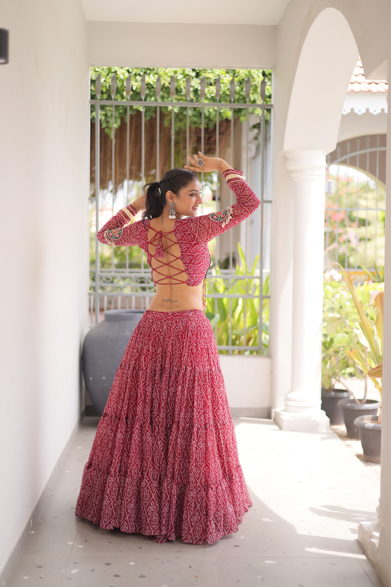 Women's Bandhani Printed Navratri Lehenga Choli Set with Kutchi Gamthi Embroidered Mirror Work Blouse