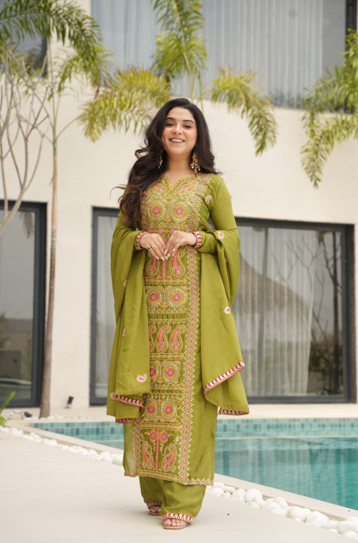 Designer Embroidered Kurta Pant Set with Dupatta