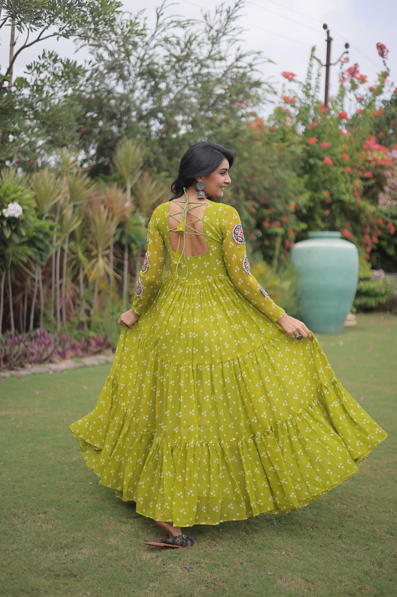 Women's Handcrafted Mirror Work Tiered Anarkali Gown