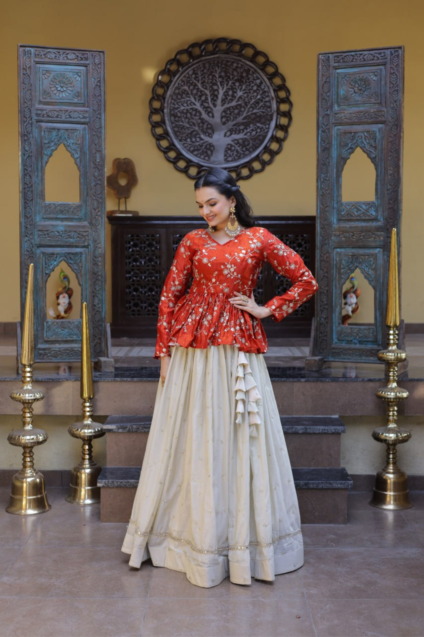 Women's Embroidered Peplum Top with Flared Skirt Set