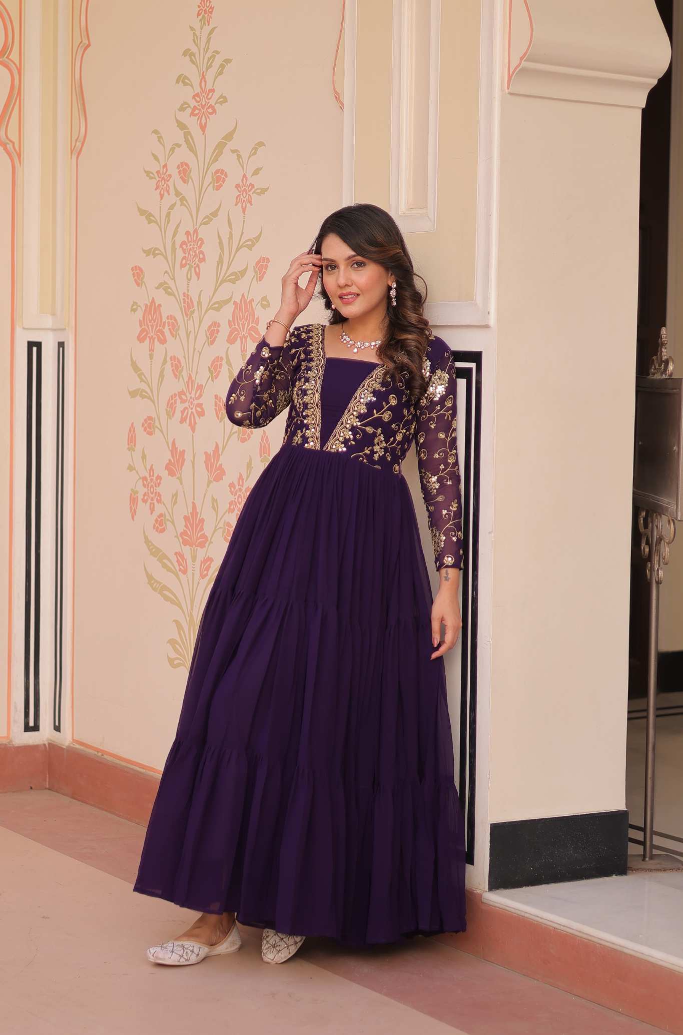 Women's Designer Embroidered Tiered Anarkali Gown