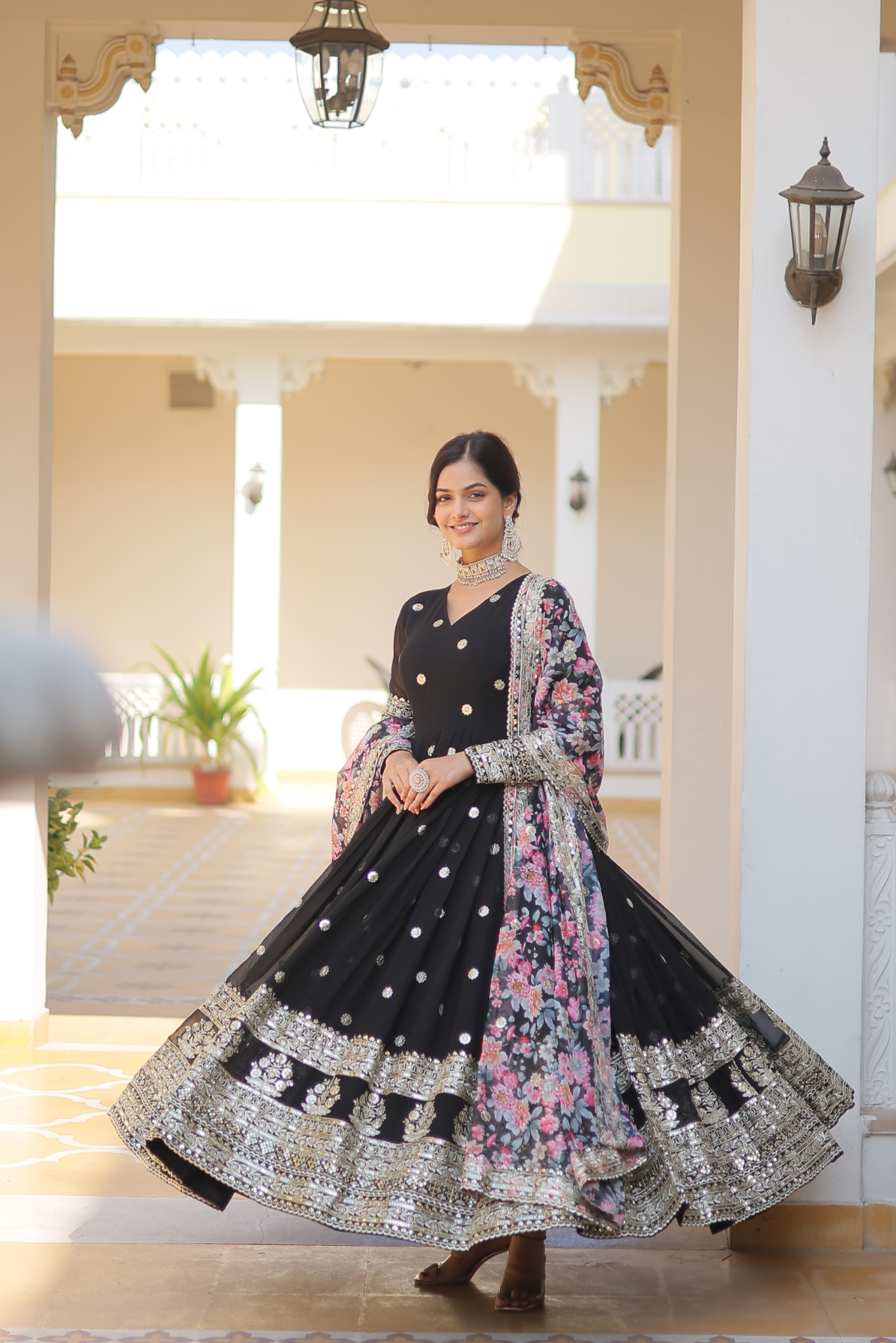 Women's Designer Sequins Embroidered Anarkali Gown with Floral Printed Dupatta