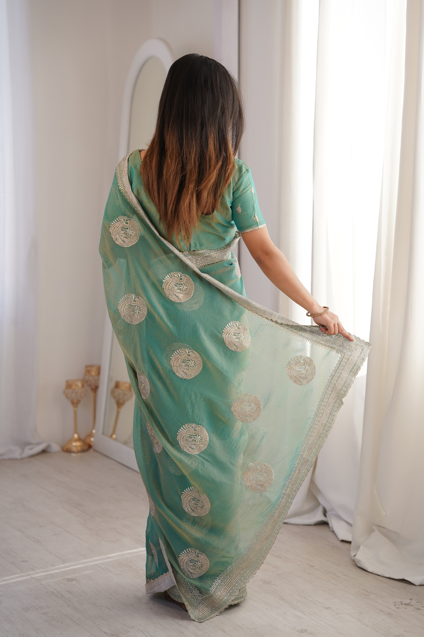 Women Organza Saree with Silver Zari Embroidery Border