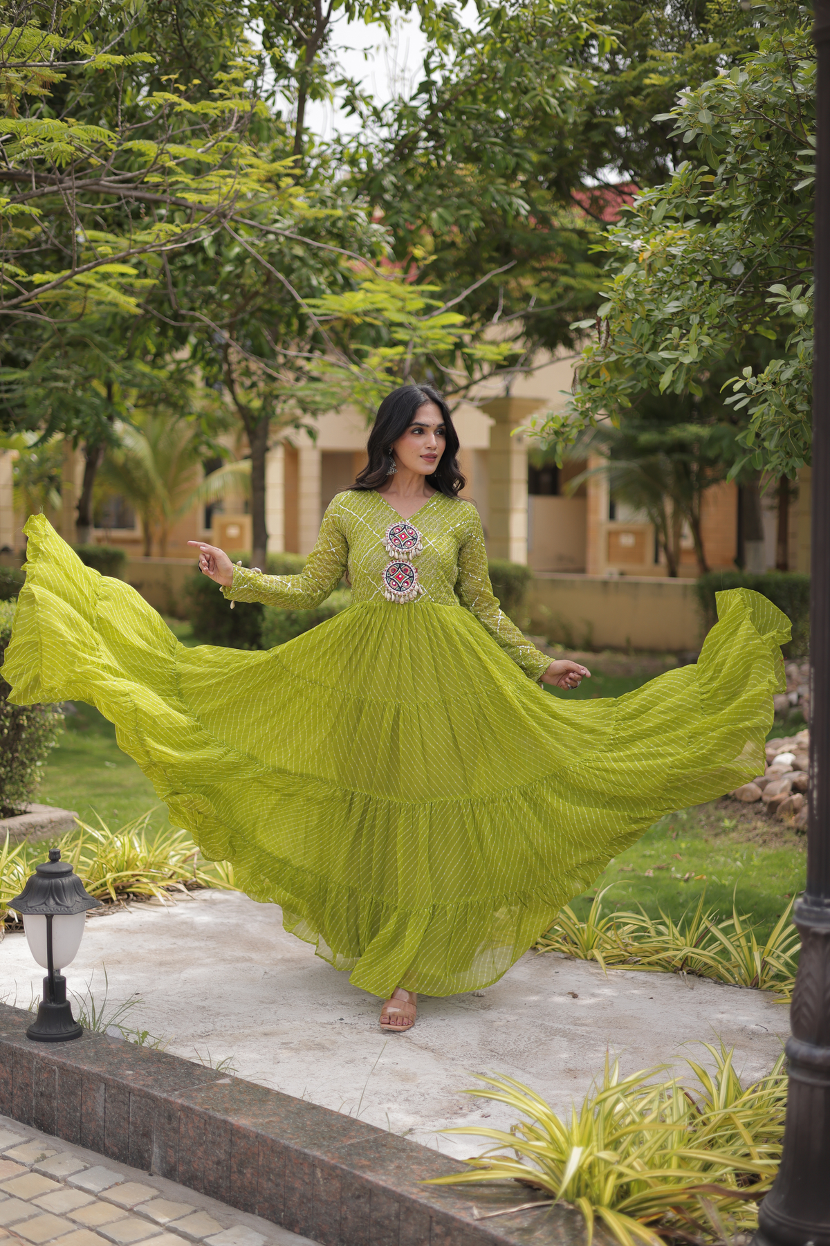 Navratri Special Bandhani Anarkali Gown with Mirror Work & Traditional Embroidered Yoke
