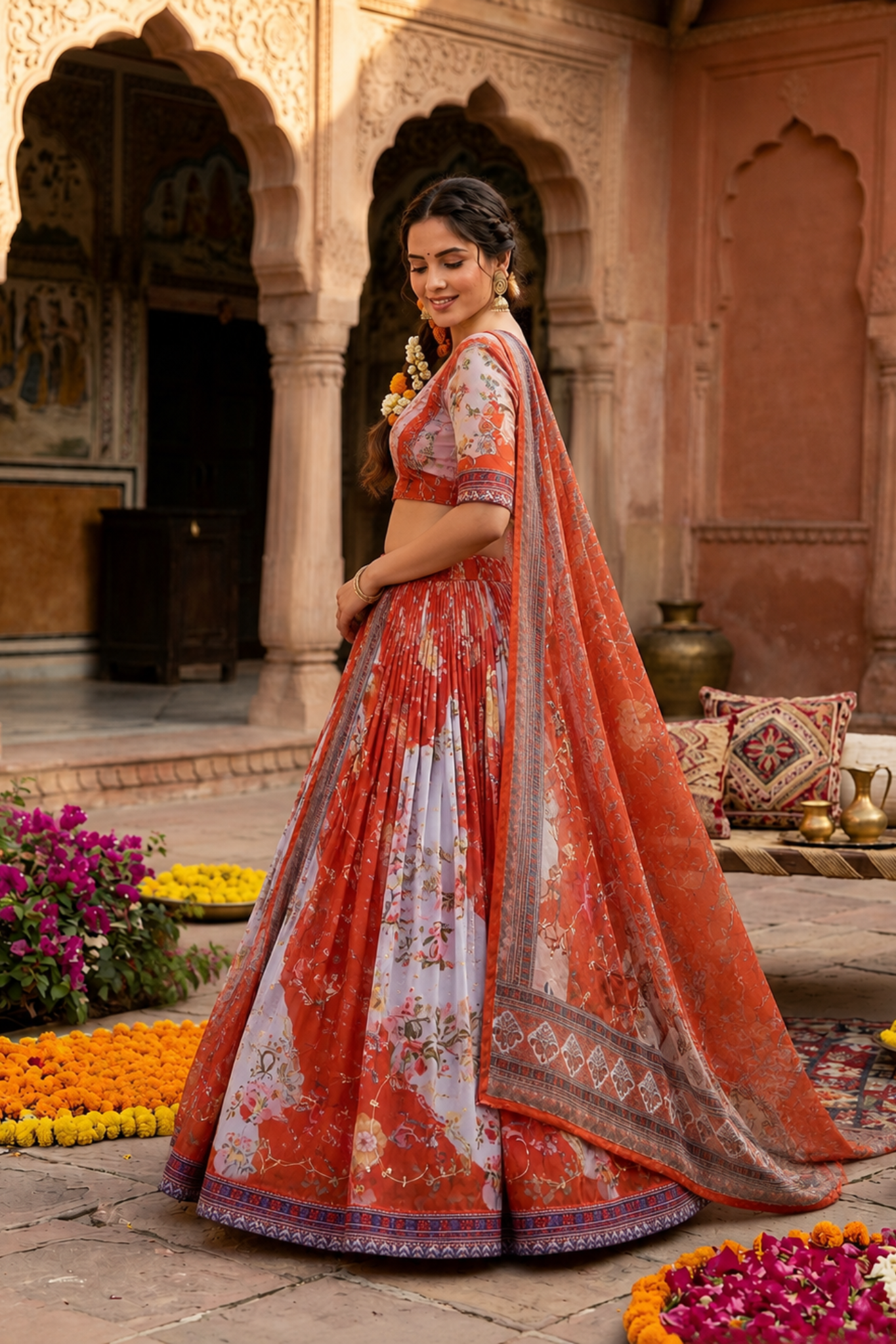 Premium Floral Printed Organza Lehenga Choli with Dupatta