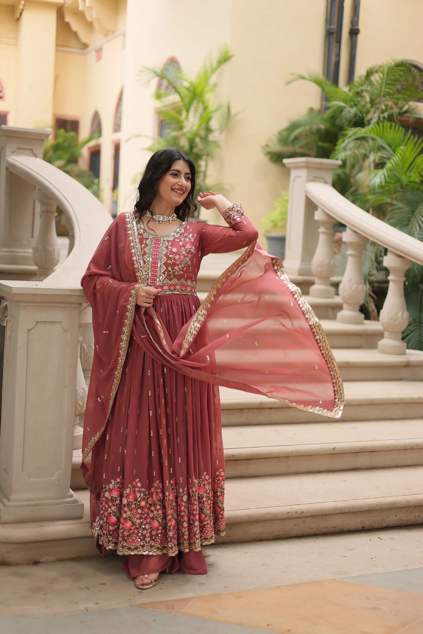 Women's Designer Floral Embroidered Anarkali Gown with Dupatta
