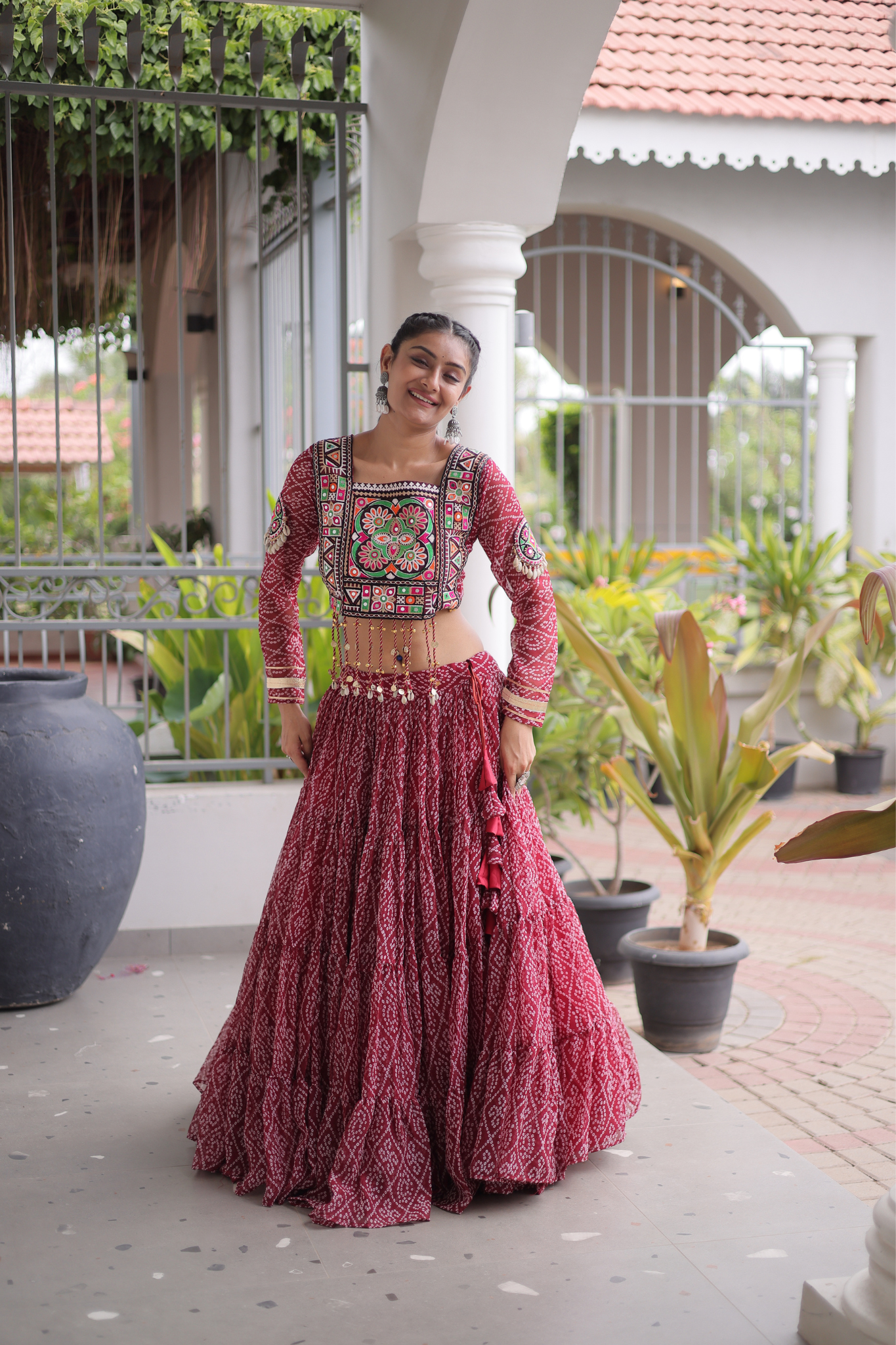Women's Bandhani Printed Navratri Lehenga Choli Set with Kutchi Gamthi Embroidered Mirror Work Blouse