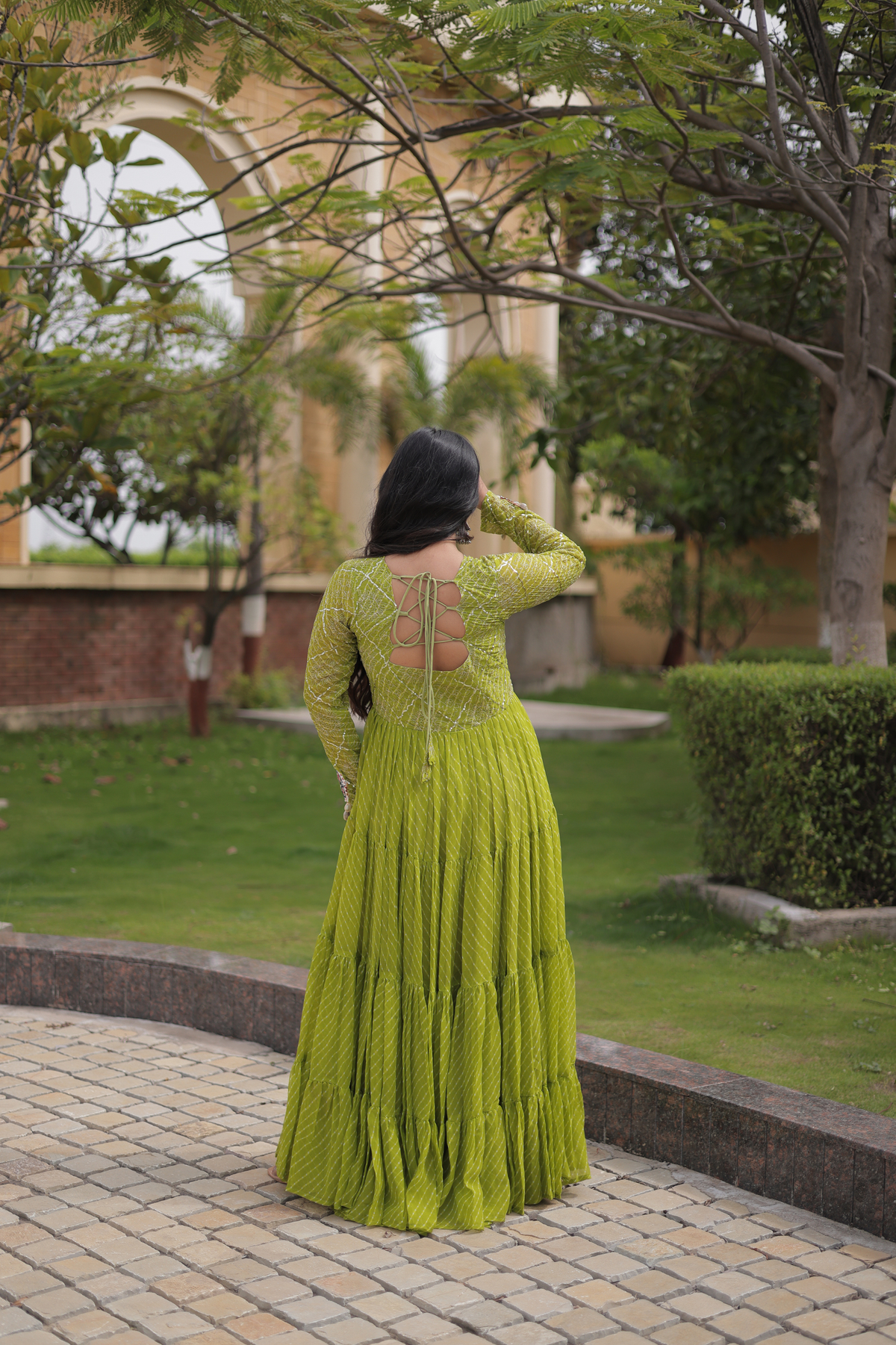 Navratri Special Bandhani Anarkali Gown with Mirror Work & Traditional Embroidered Yoke