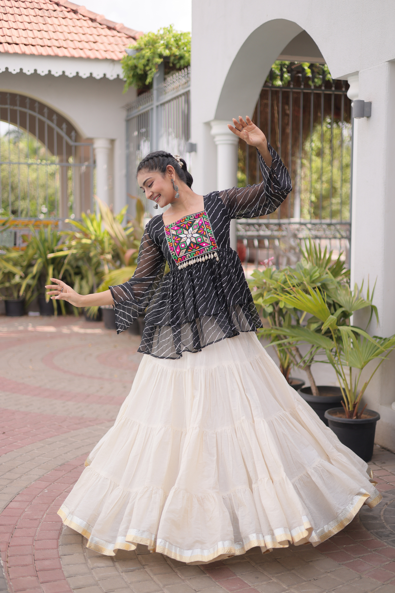 Women's Designer Kutchi Gamthi Peplum Top with Tiered Lehenga Skirt Set