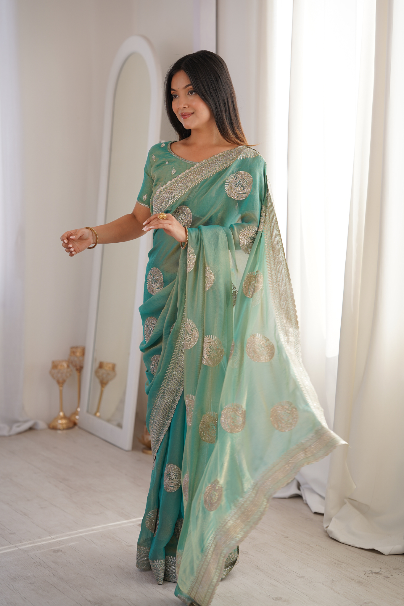 Women Organza Saree with Silver Zari Embroidery Border