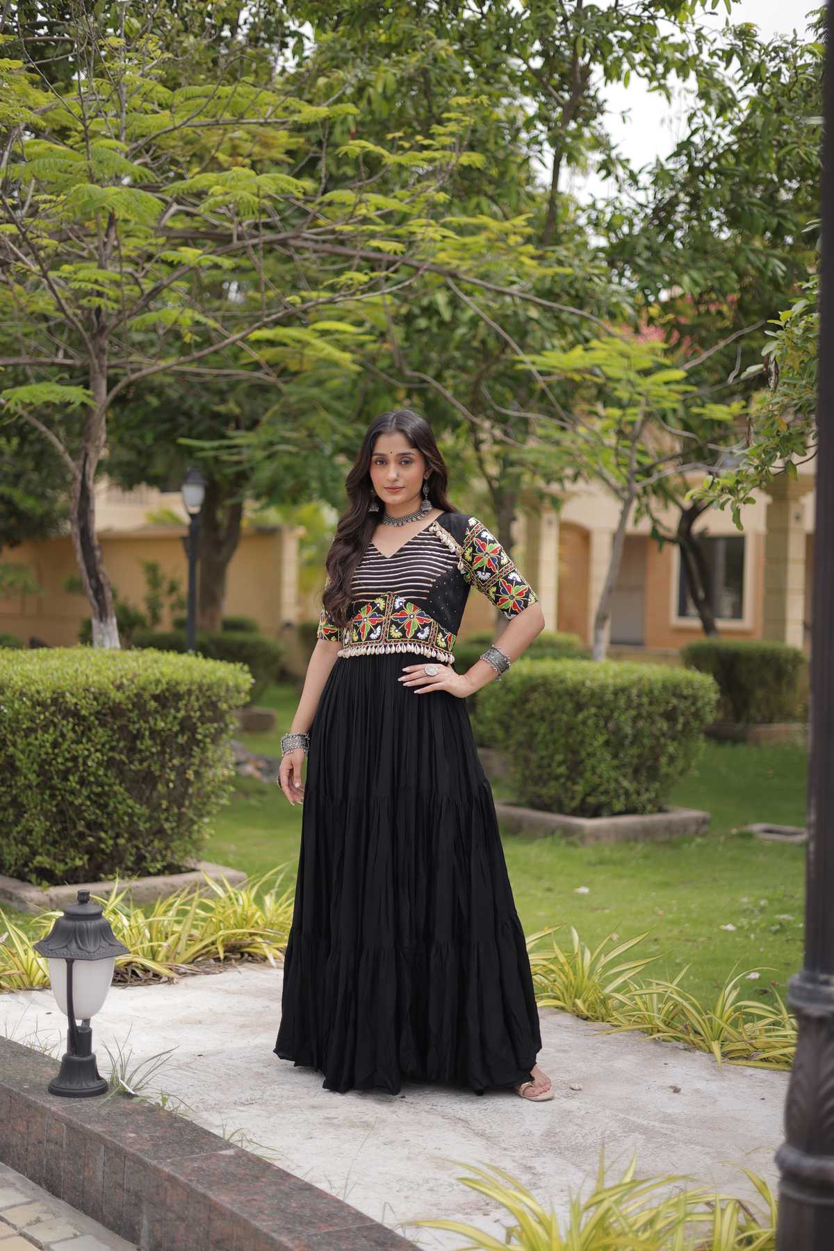 Designer Anarkali Gown with Kutchi Embroidered Yoke & Flared Skirt
