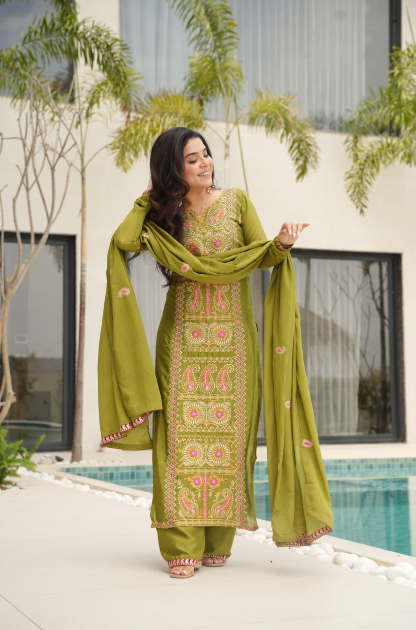 Designer Embroidered Kurta Pant Set with Dupatta