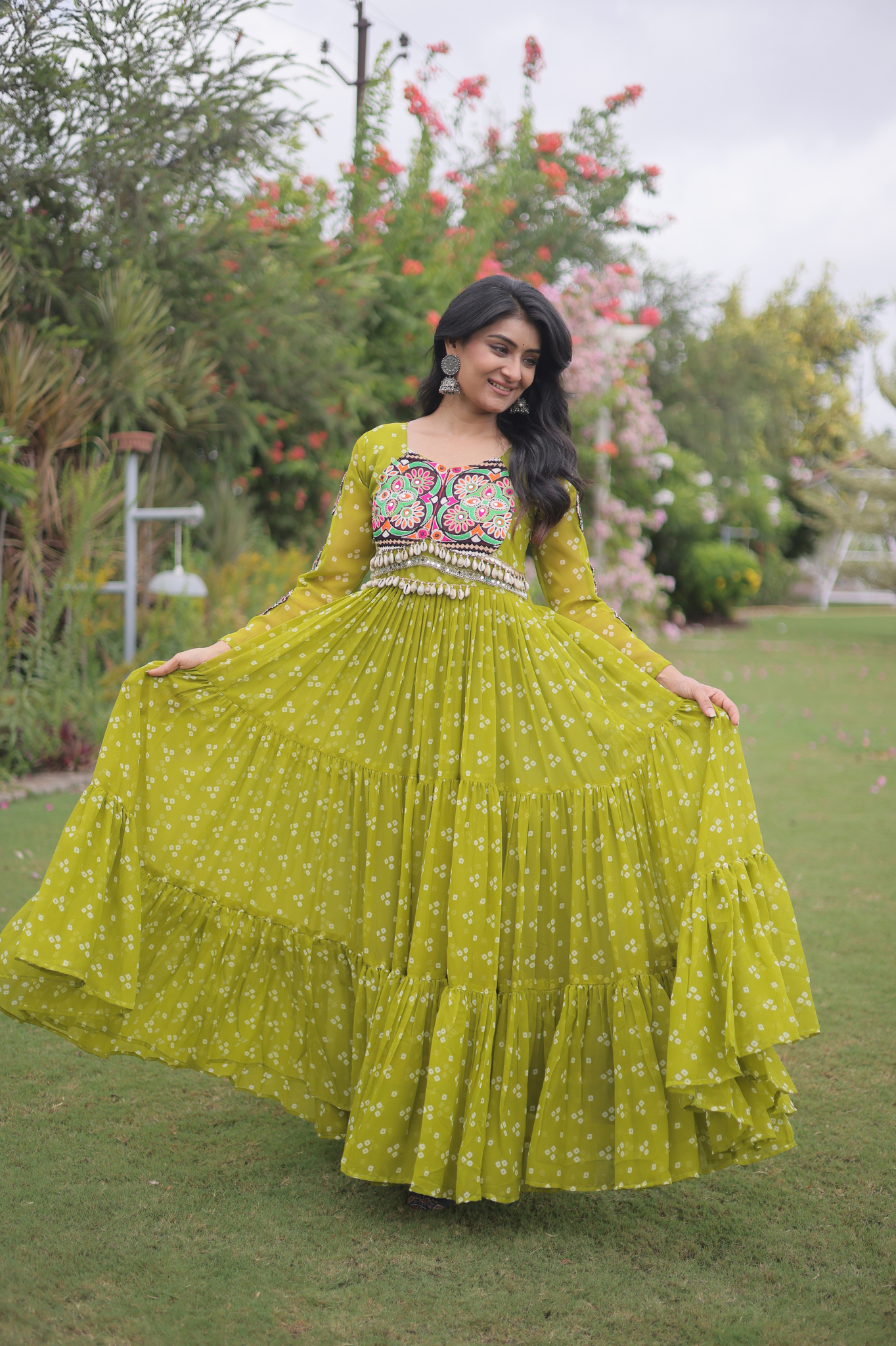 Women's Handcrafted Mirror Work Tiered Anarkali Gown