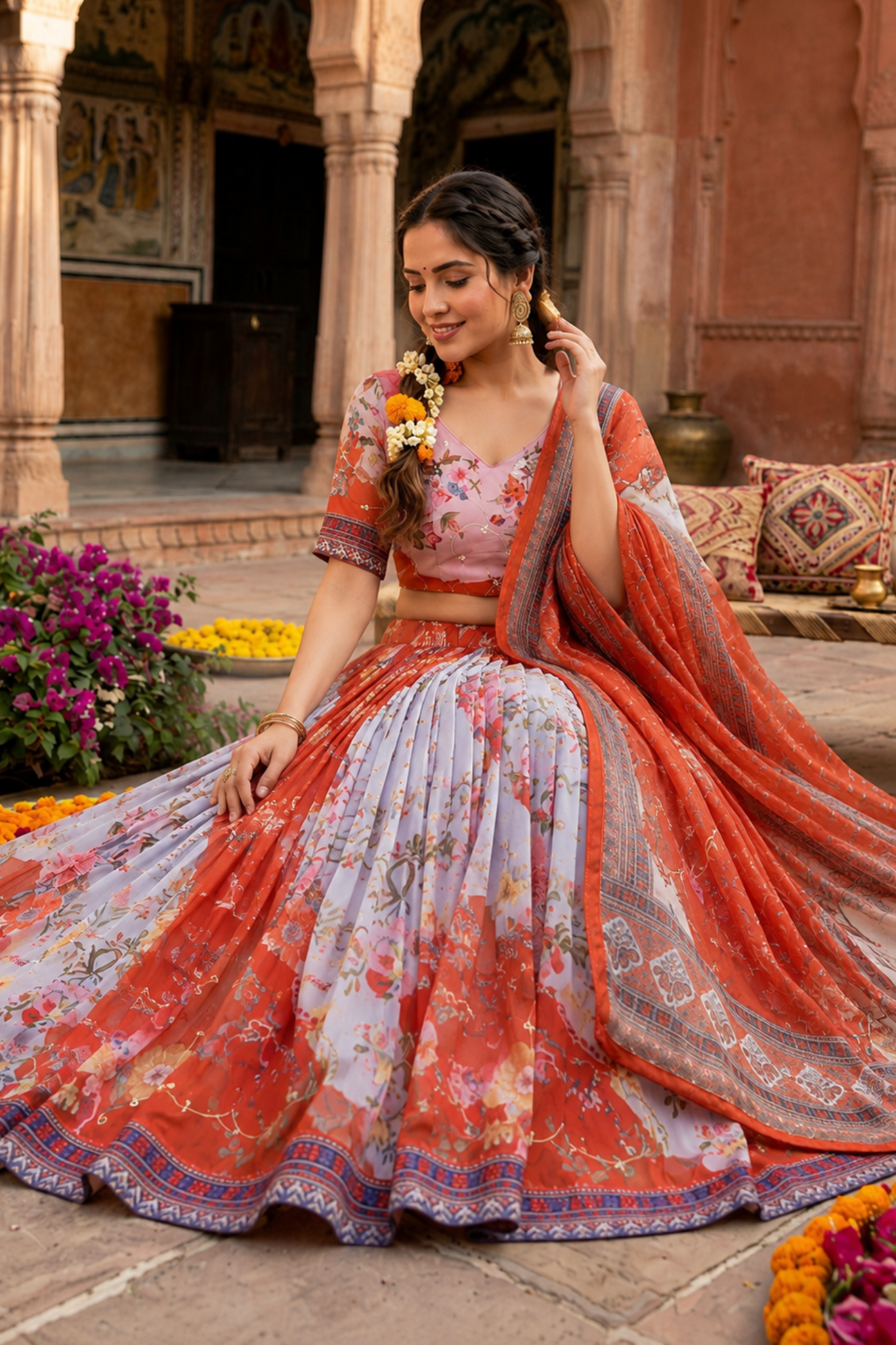 Premium Floral Printed Organza Lehenga Choli with Dupatta