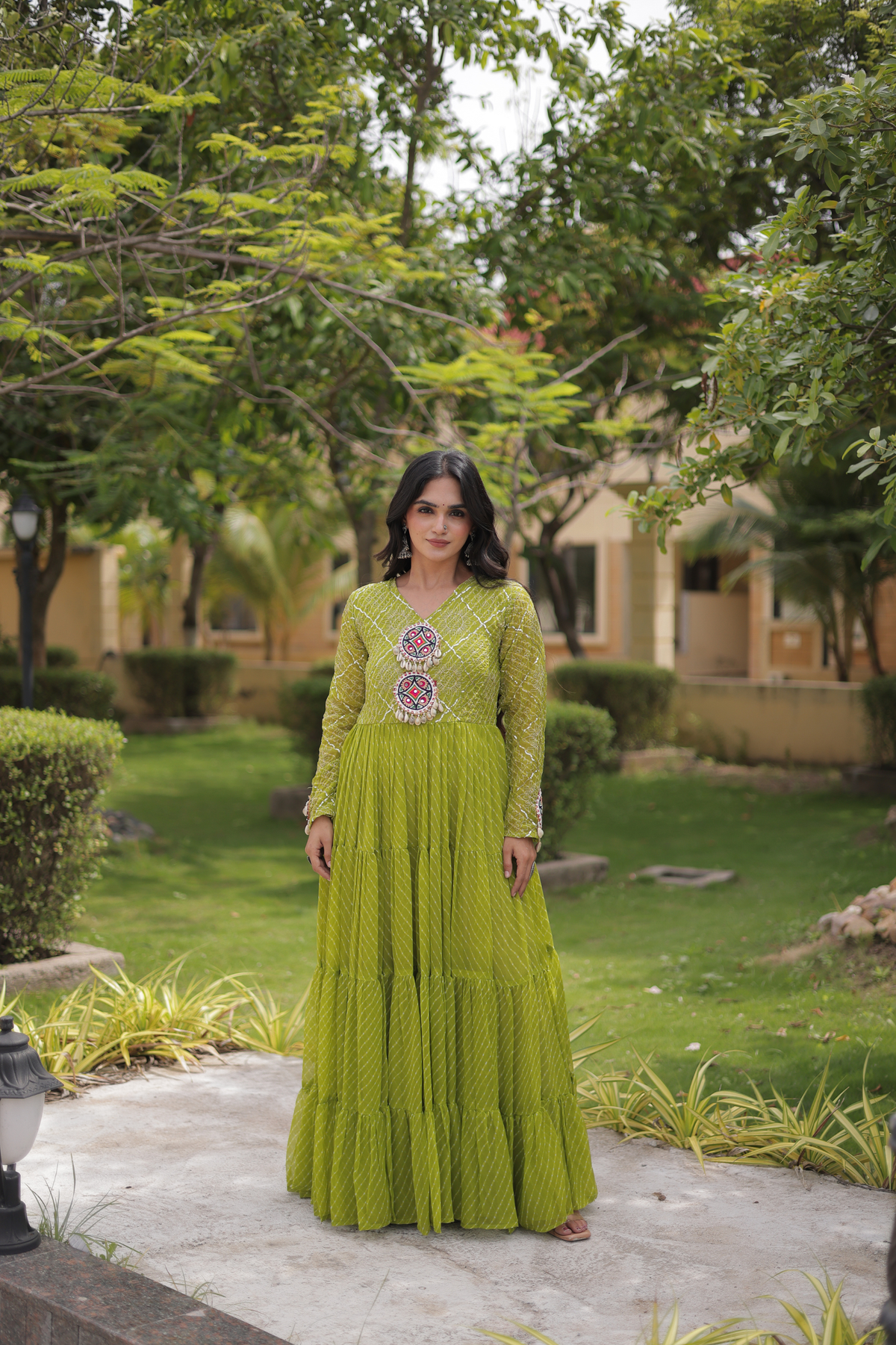 Navratri Special Bandhani Anarkali Gown with Mirror Work & Traditional Embroidered Yoke