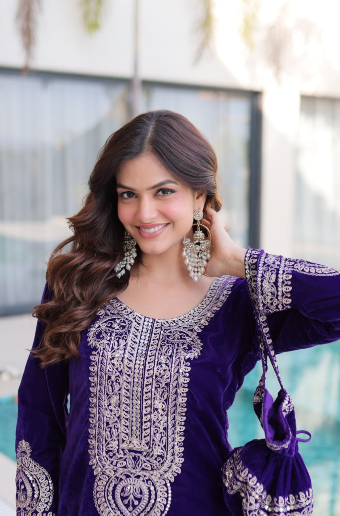 Designer Velvet Kurti Palazzo Set with Potli Bag for Women