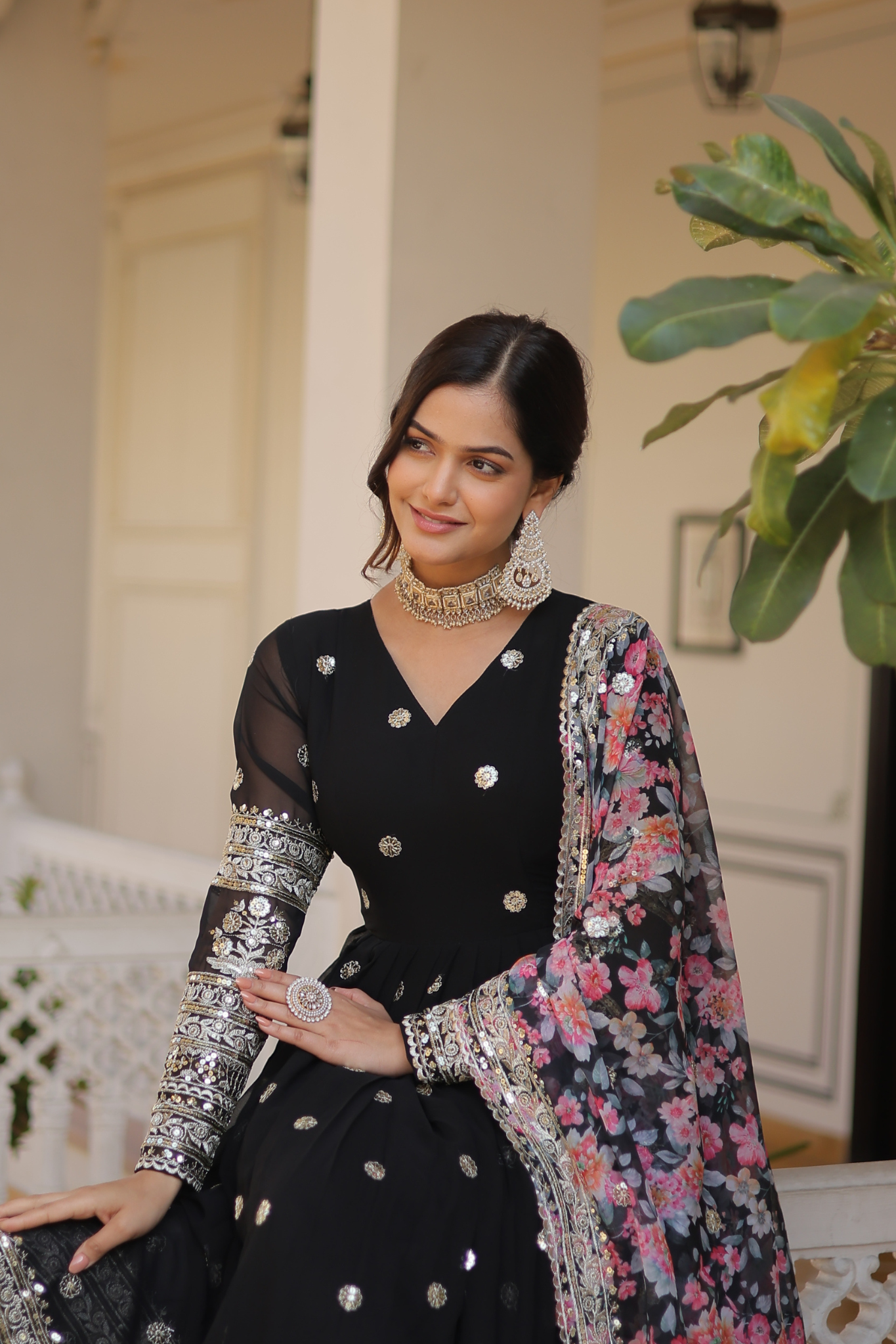 Women's Designer Sequins Embroidered Anarkali Gown with Floral Printed Dupatta