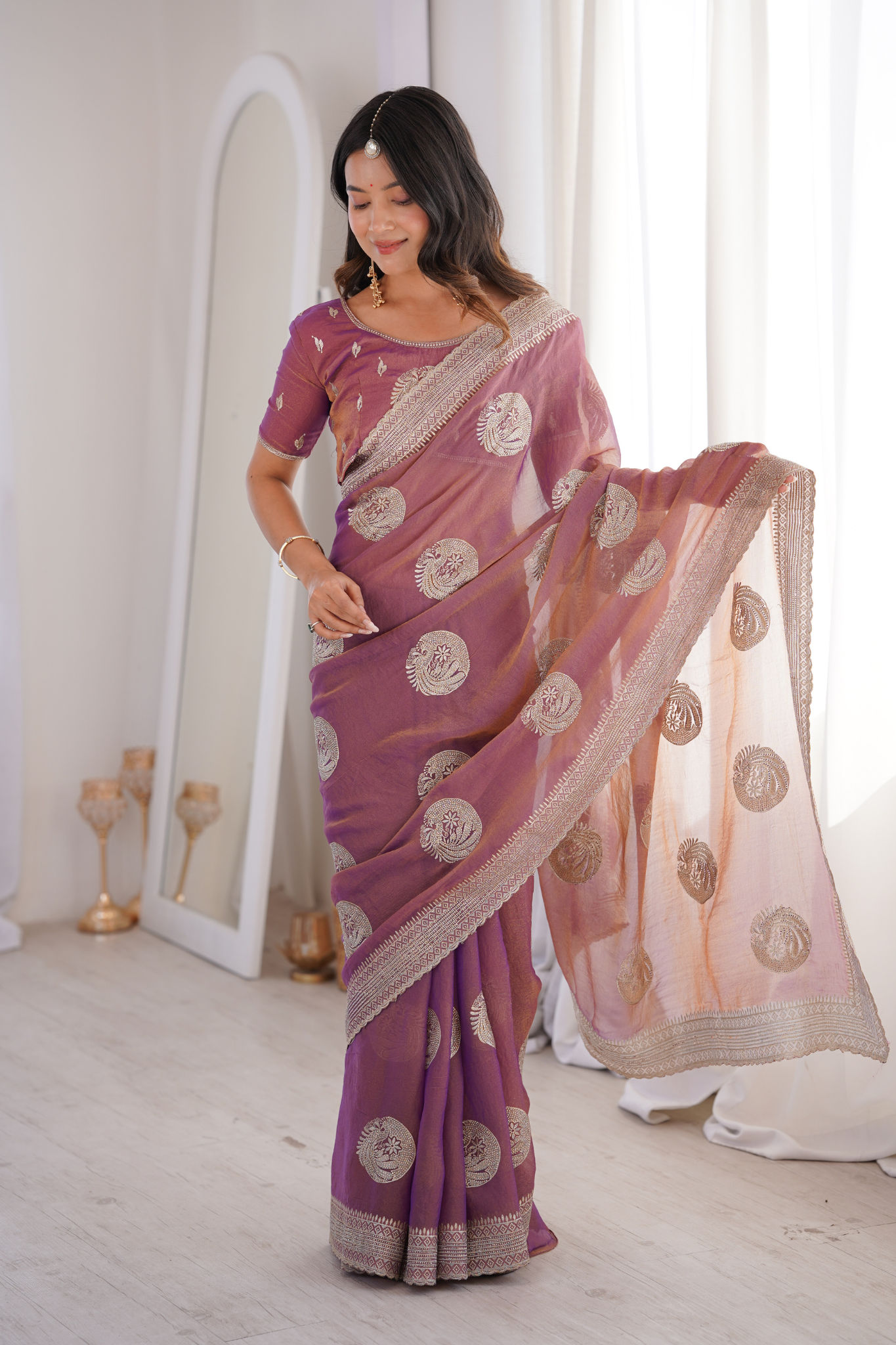 Women Organza Saree with Silver Zari Embroidery Border