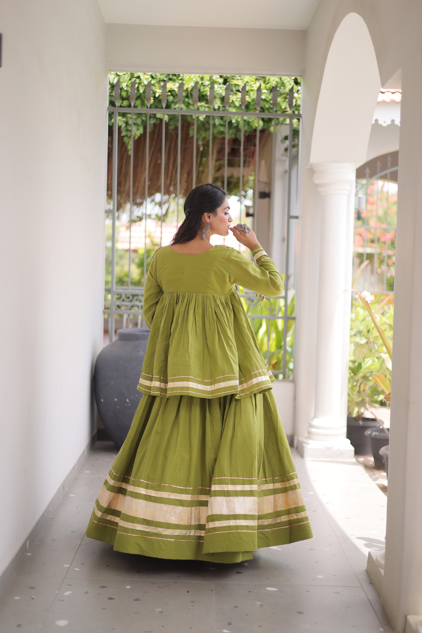 Women's Designer Ethnic Co-Ord Set with Mirror Work Peplum Top & Long Flared Skirt