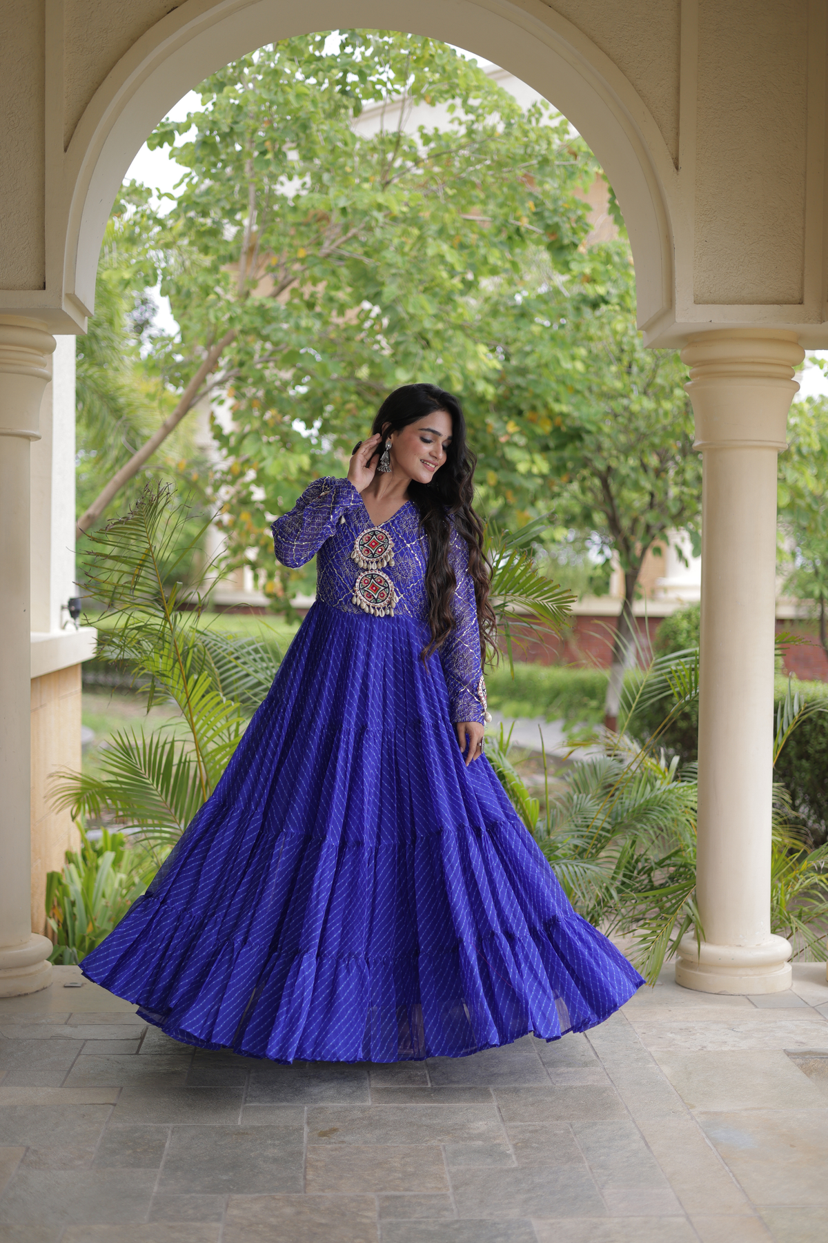 Navratri Special Bandhani Anarkali Gown with Mirror Work & Traditional Embroidered Yoke