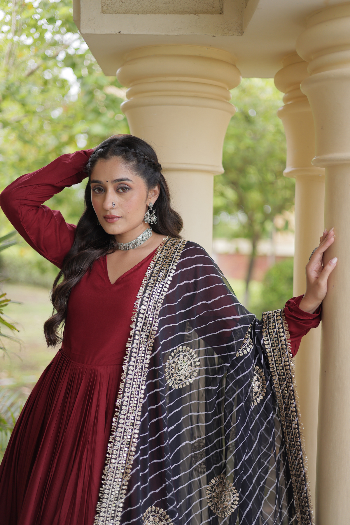 Elegant Anarkali Gown with Golden Border & Printed Dupatta