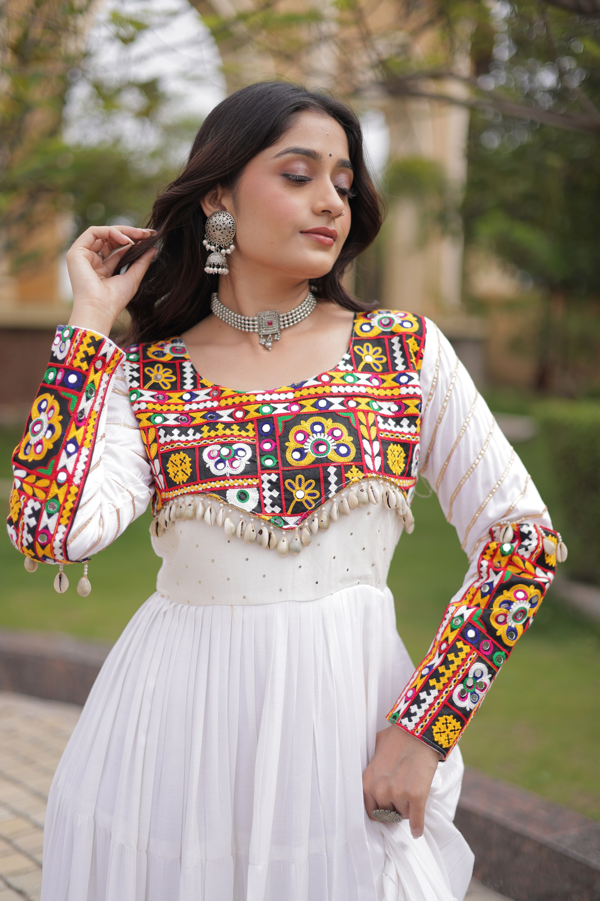 Designer Navratri Anarkali Gown with Traditional Handcrafted Yoke & Tassel Detailing