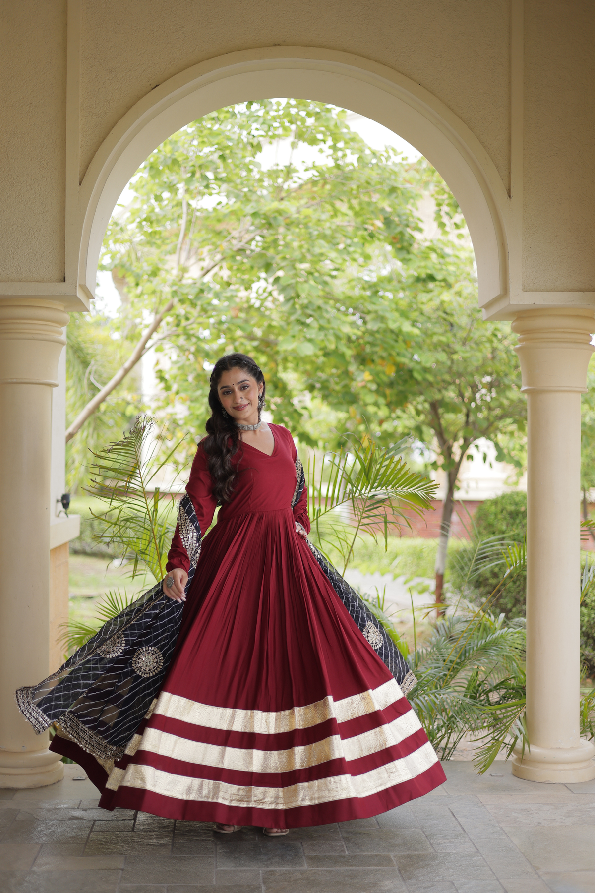Elegant Anarkali Gown with Golden Border & Printed Dupatta