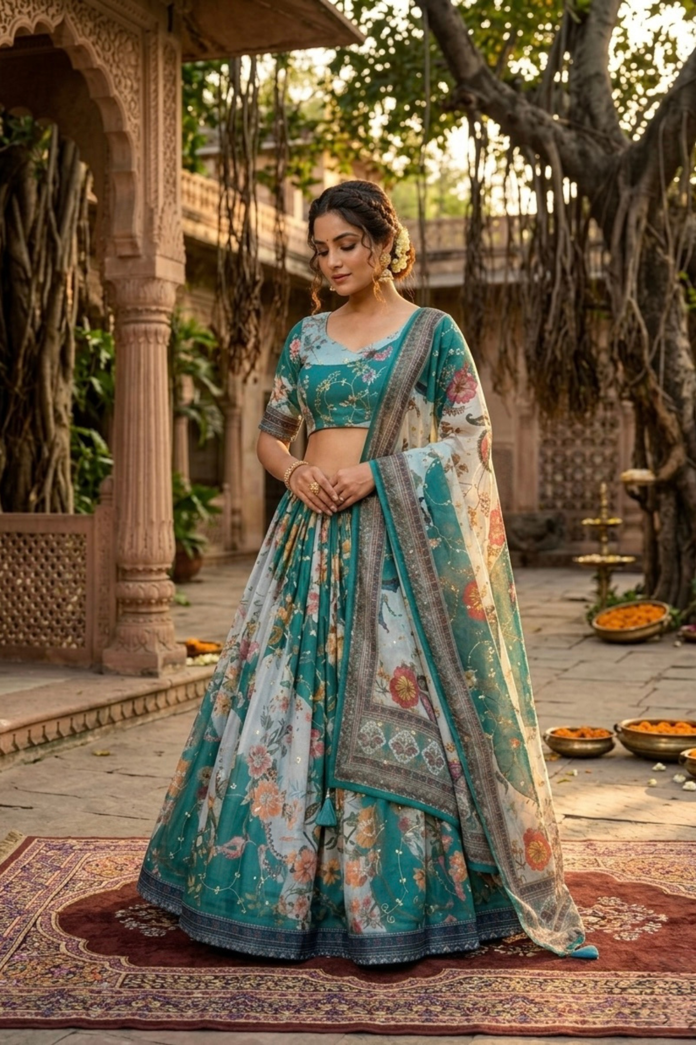 Premium Floral Printed Organza Lehenga Choli with Dupatta