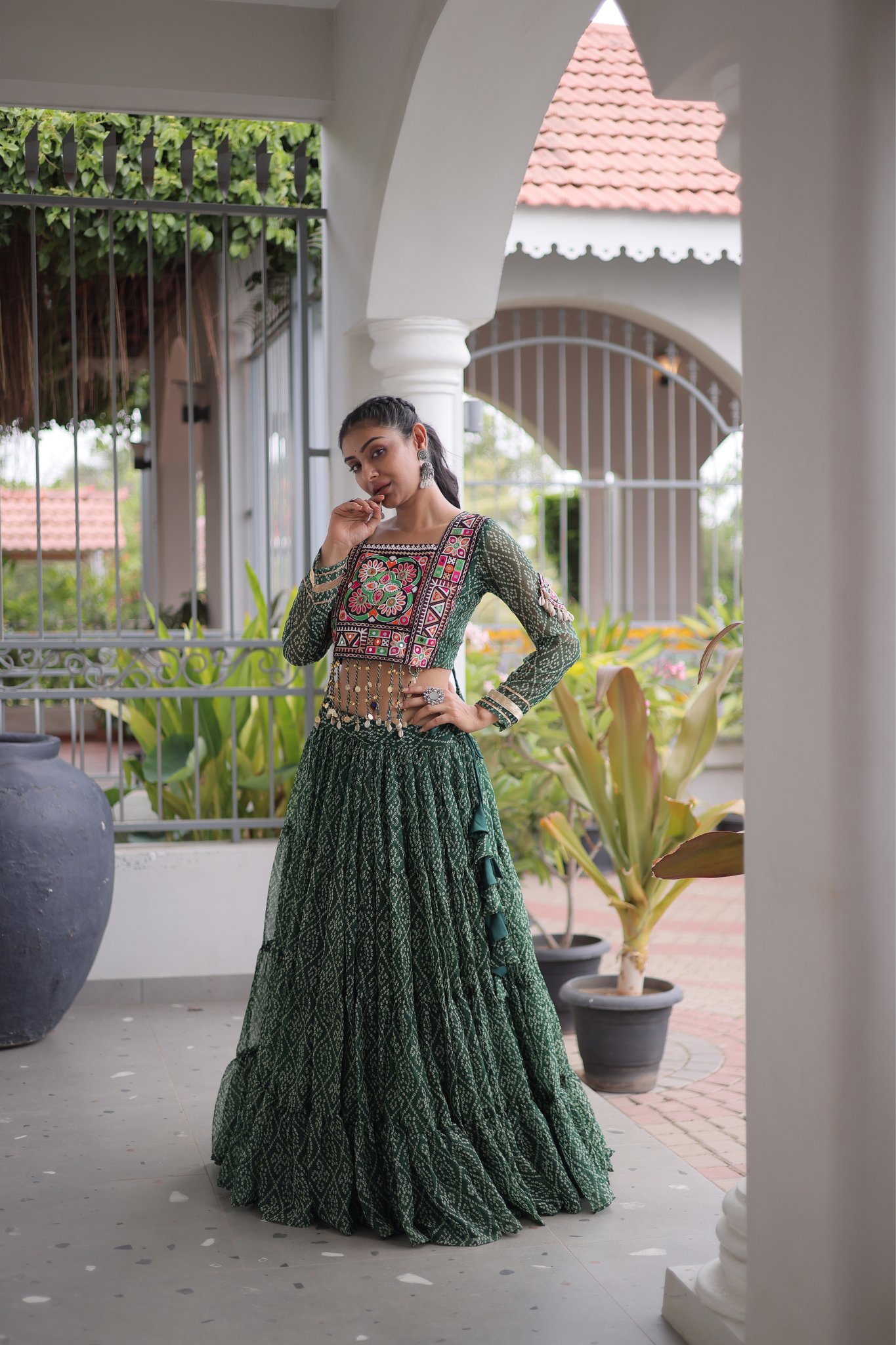 Women's Bandhani Printed Navratri Lehenga Choli Set with Kutchi Gamthi Embroidered Mirror Work Blouse