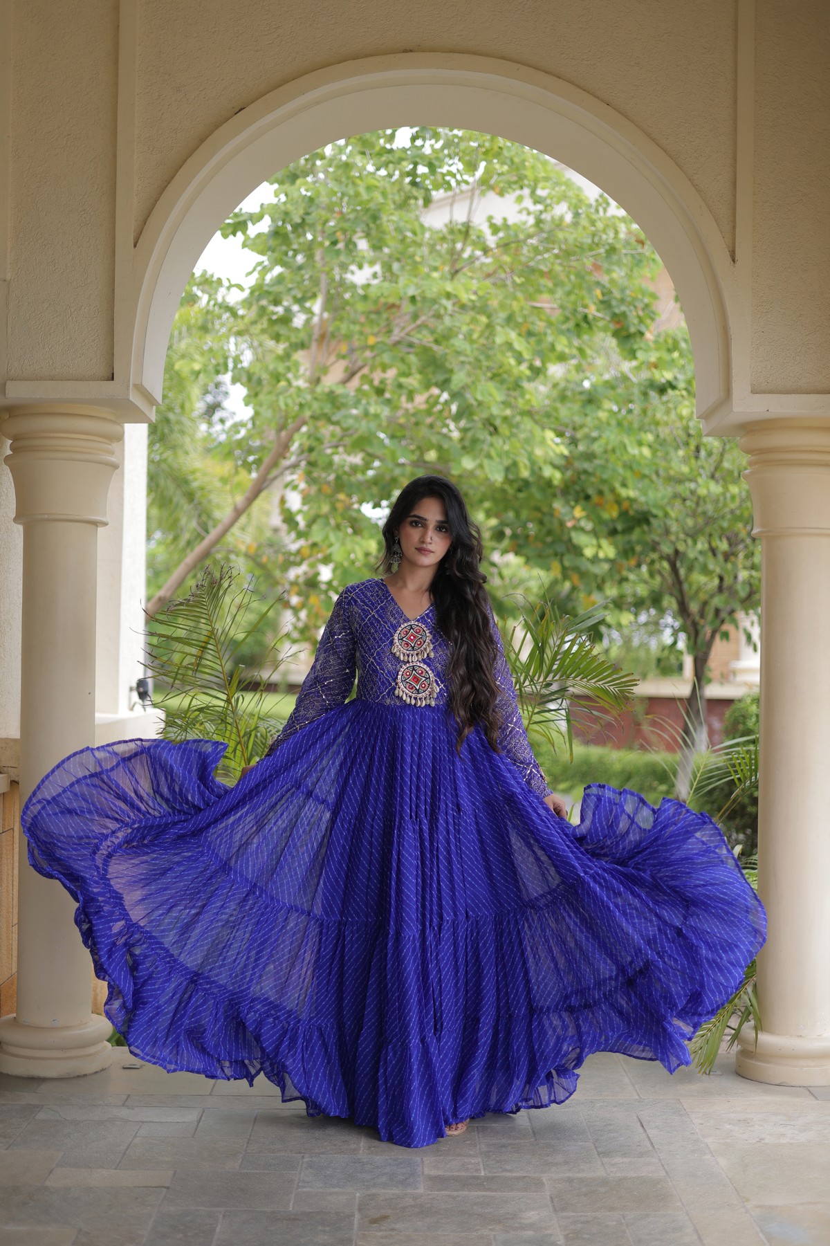 Navratri Special Bandhani Anarkali Gown with Mirror Work & Traditional Embroidered Yoke