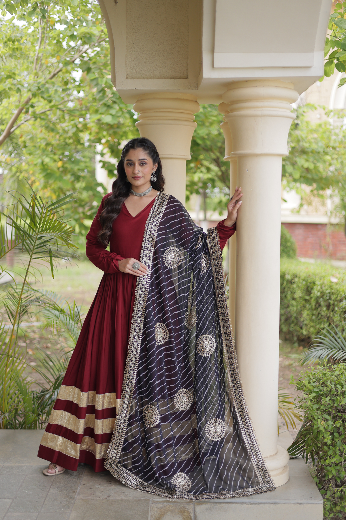 Elegant Anarkali Gown with Golden Border & Printed Dupatta