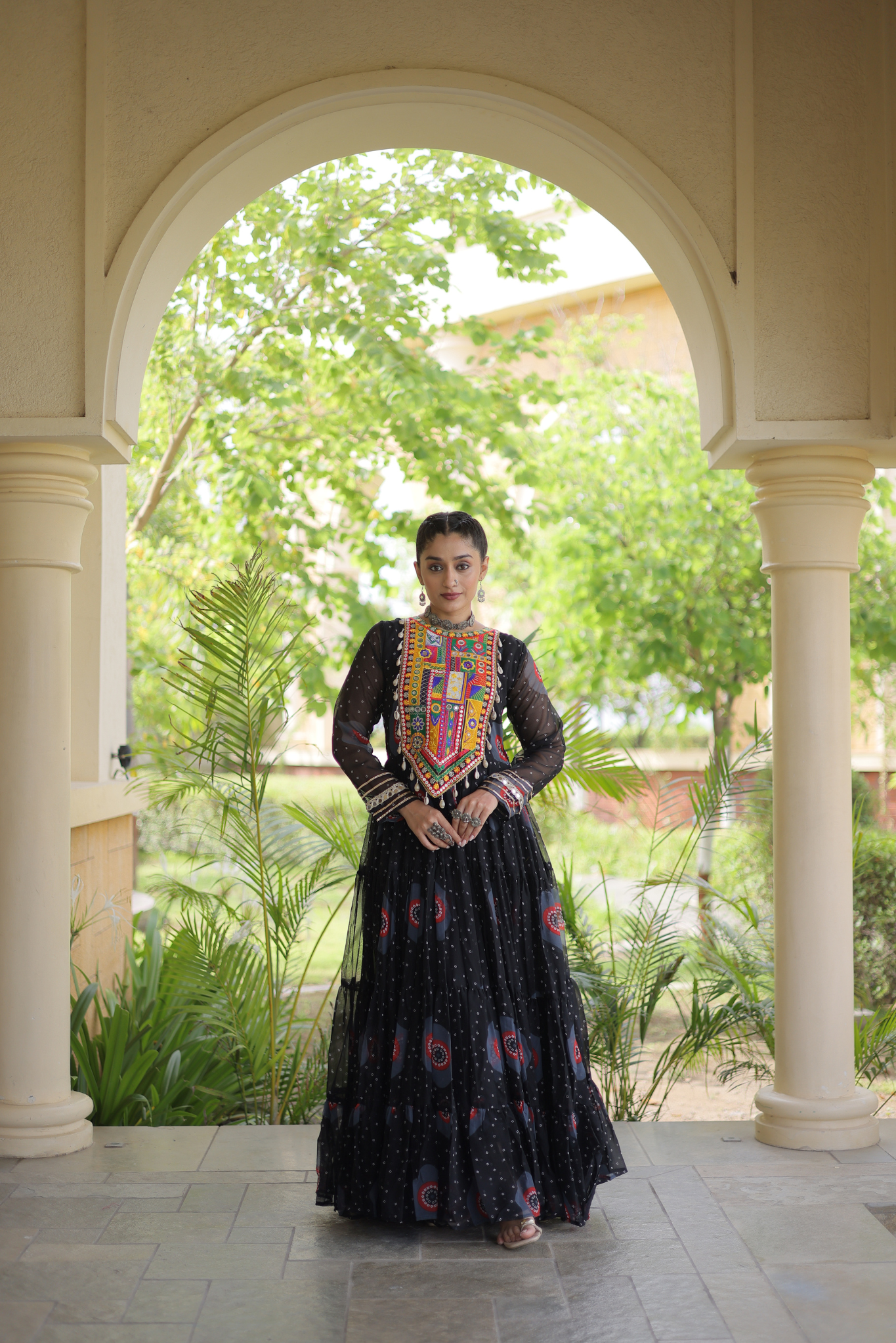 Women's Designer Kutchi Gamthi Embroidered Tiered Anarkali Gown with Mirror Work