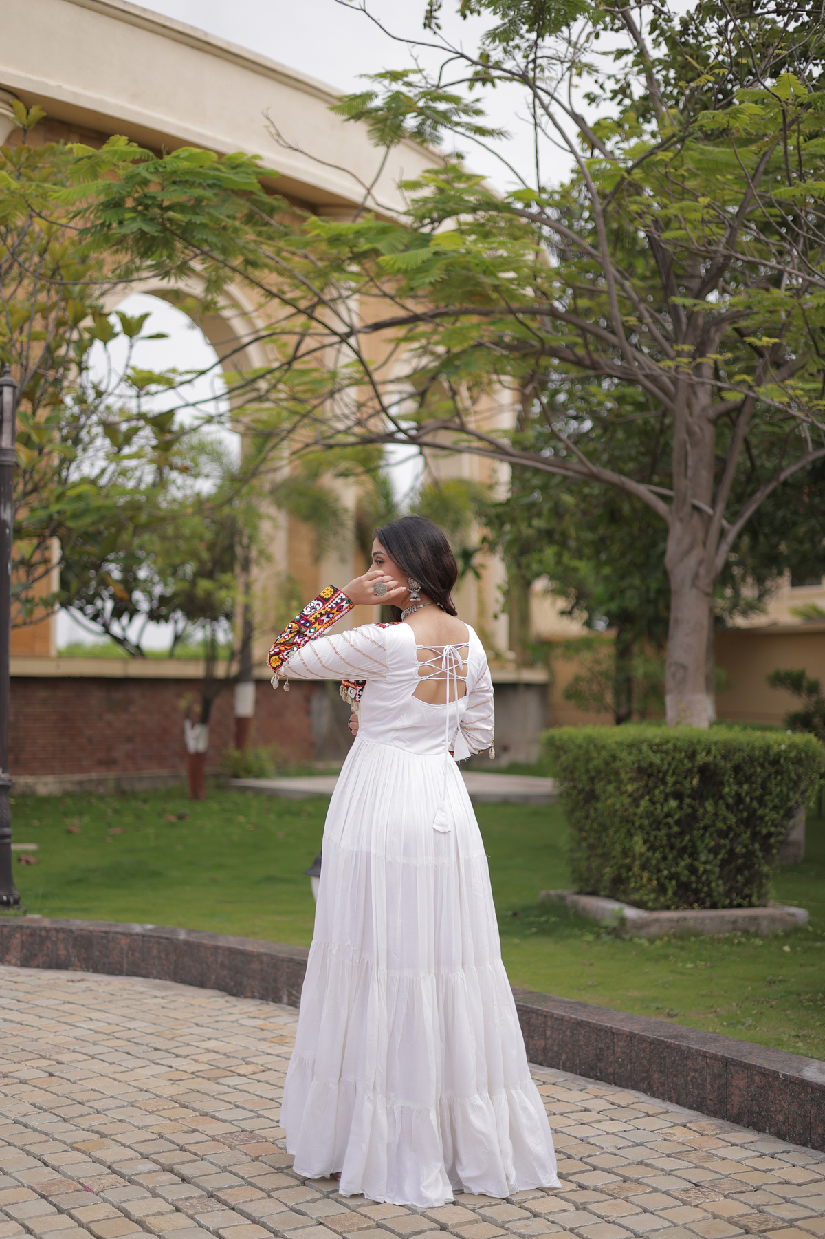 Designer Navratri Anarkali Gown with Traditional Handcrafted Yoke & Tassel Detailing