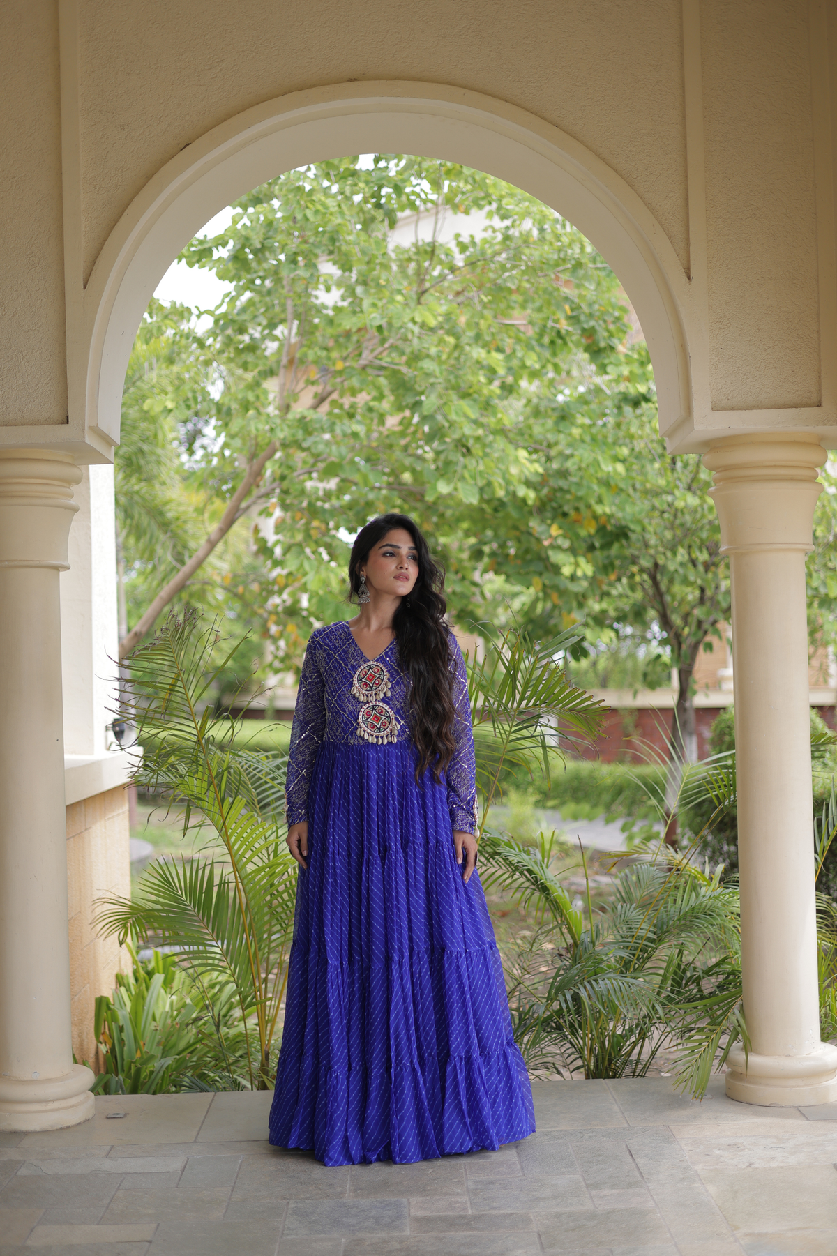 Navratri Special Bandhani Anarkali Gown with Mirror Work & Traditional Embroidered Yoke