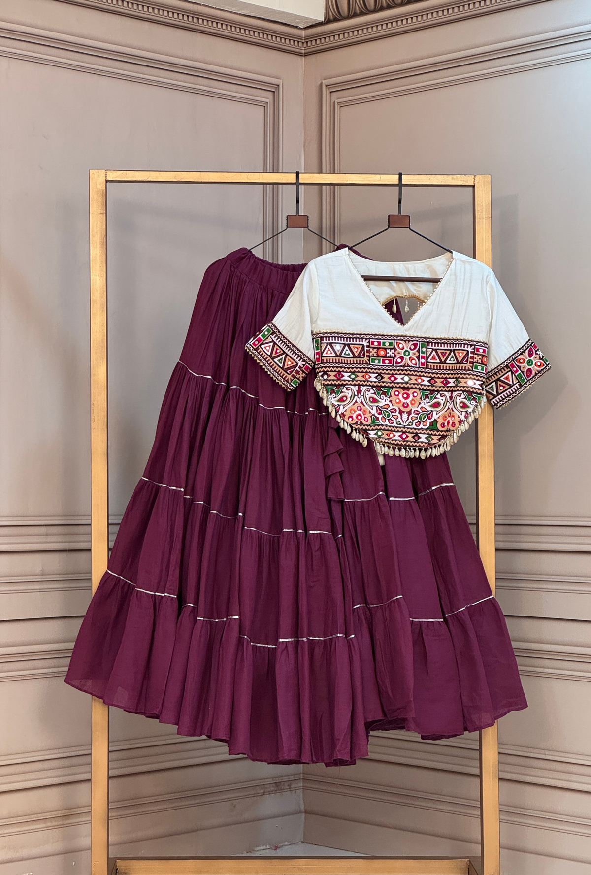 Premium Kutchi Embroidered Blouse with Gota Patti Lehenga Set